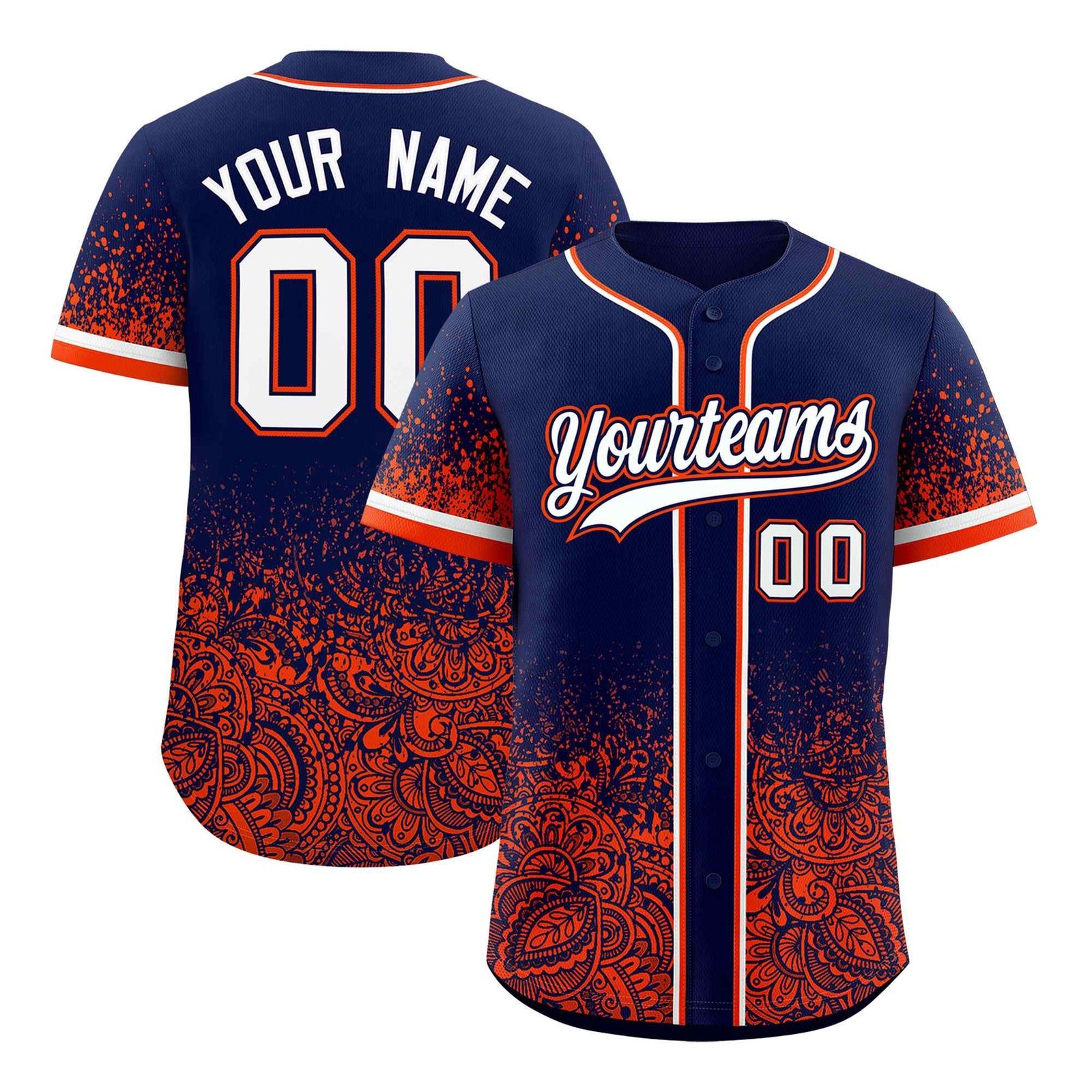 Custom Navy Orange Floral Print Pattern Full Button Gradient Fashion Baseball Jersey