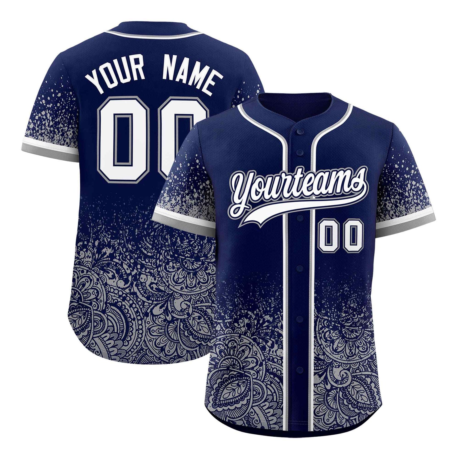 Custom Navy Gray Floral Print Pattern Full Button Gradient Fashion Baseball Jersey