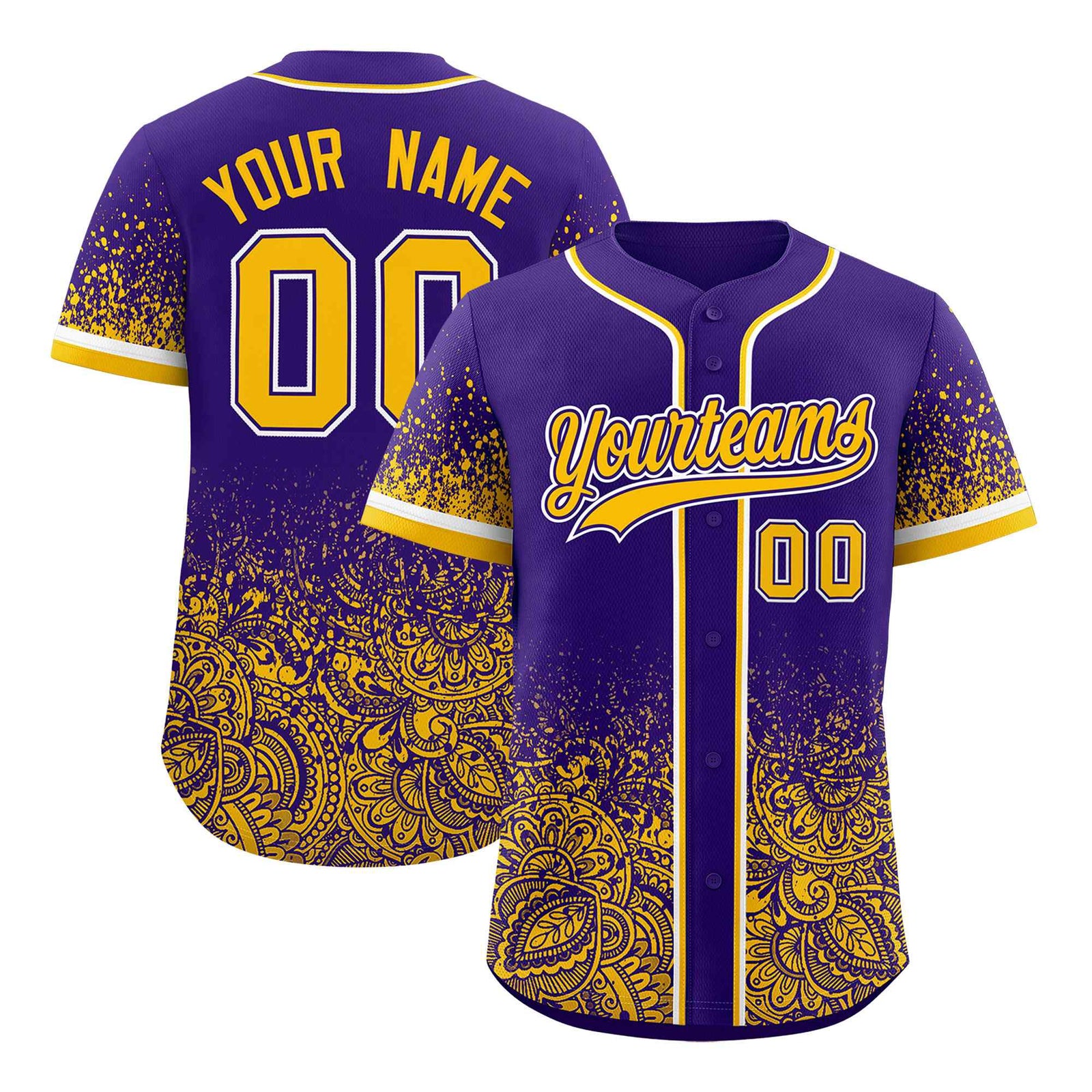Custom Purple Yellow Floral Print Pattern Full Button Gradient Fashion Baseball Jersey