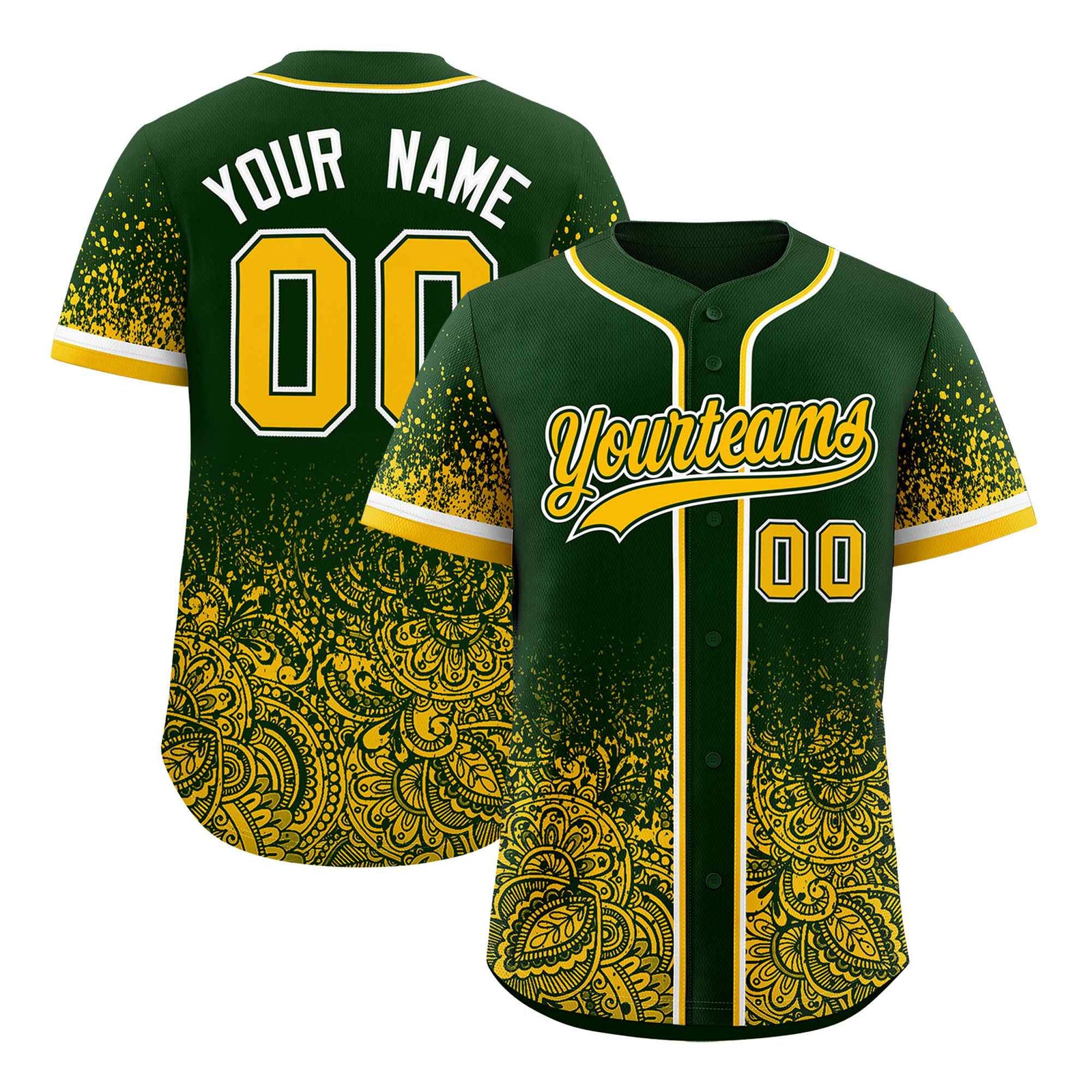 Custom Green Yellow Floral Print Pattern Full Button Gradient Fashion Baseball Jersey