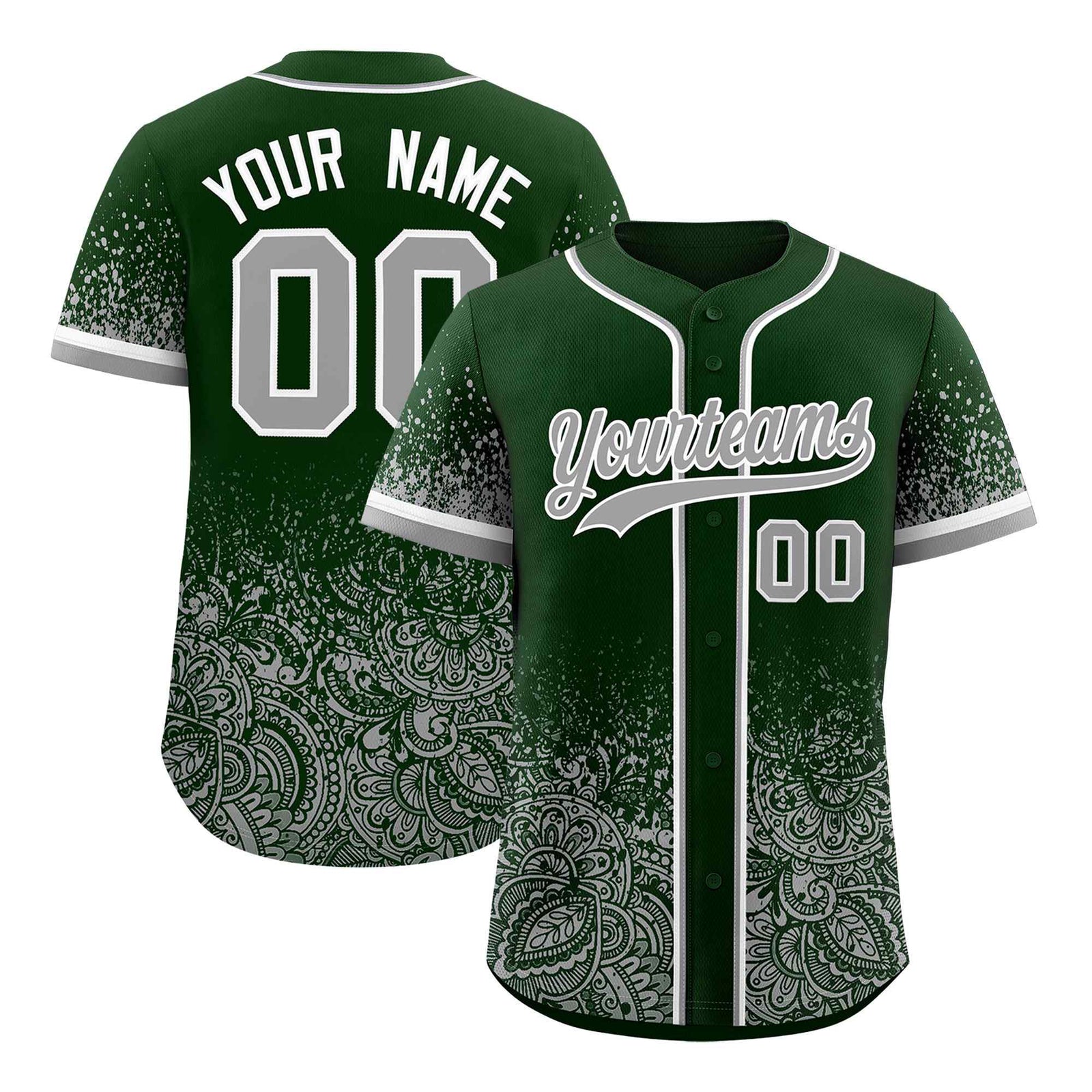 Custom Green Gray Floral Print Pattern Full Button Gradient Fashion Baseball Jersey
