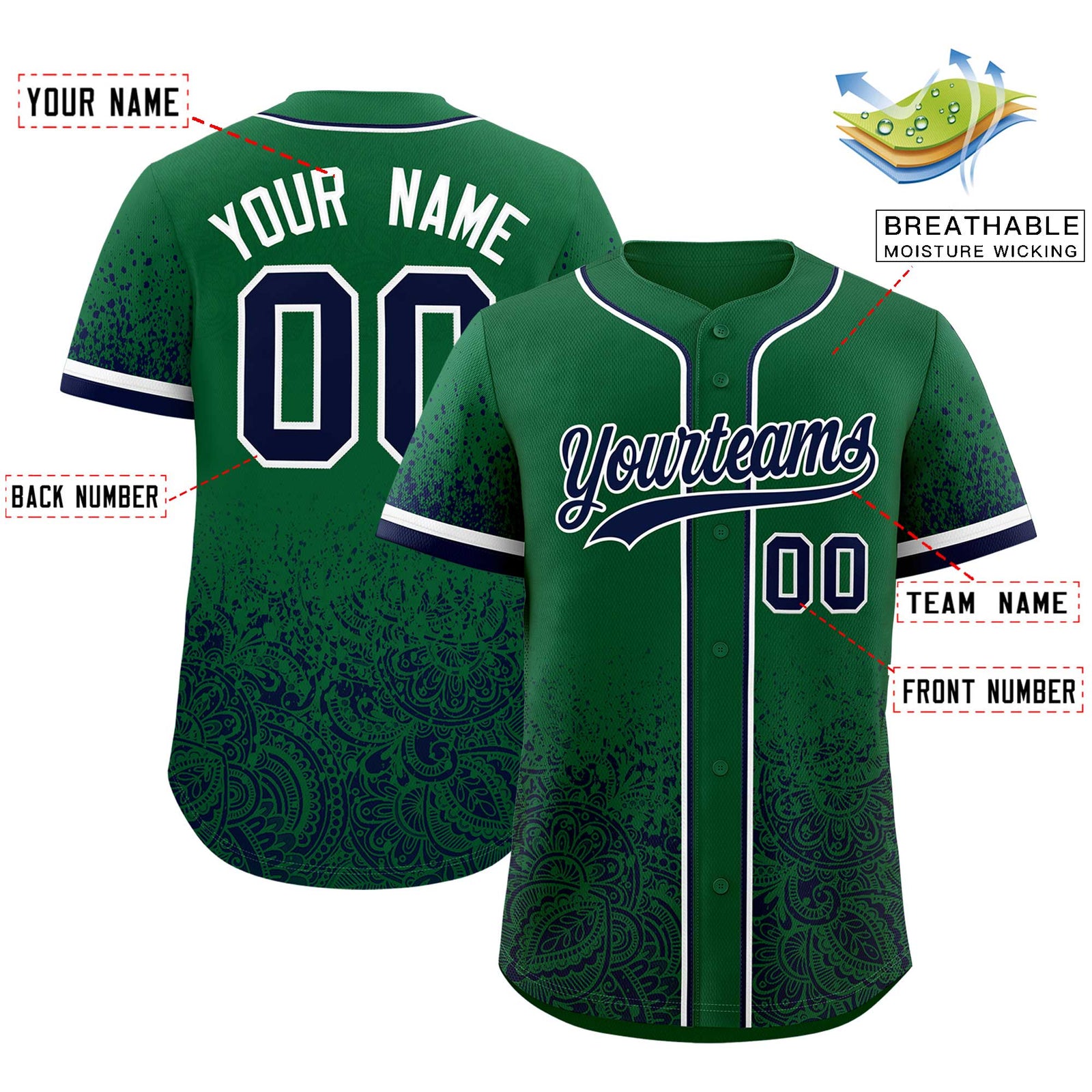 Custom Kelly Green Navy Floral Print Pattern Full Button Gradient Fashion Baseball Jersey