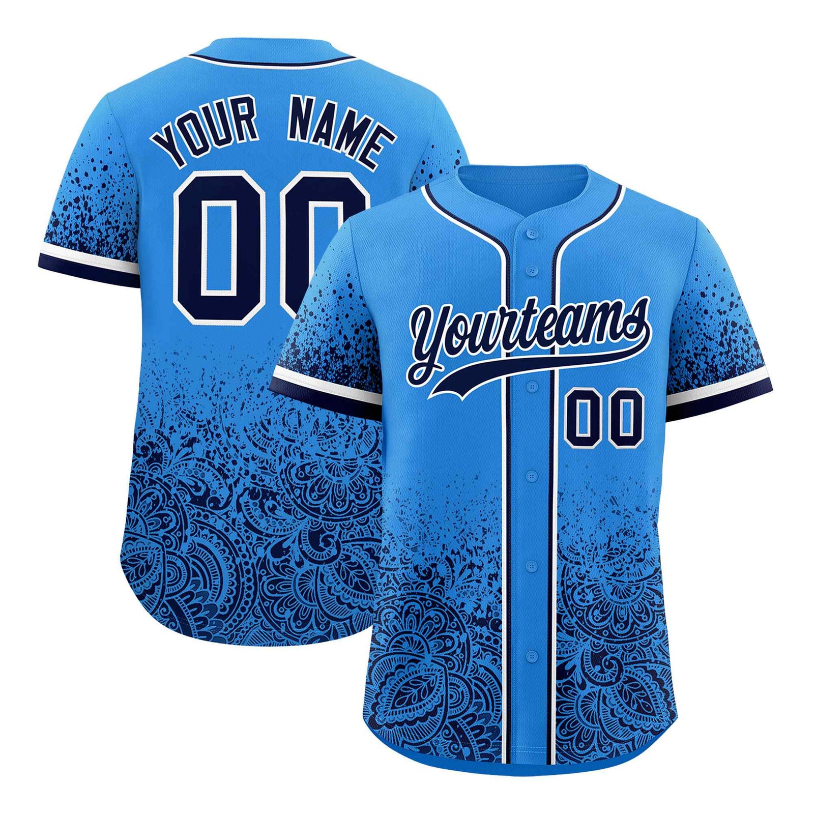 Custom Light Blue Navy Floral Print Pattern Full Button Gradient Fashion Baseball Jersey