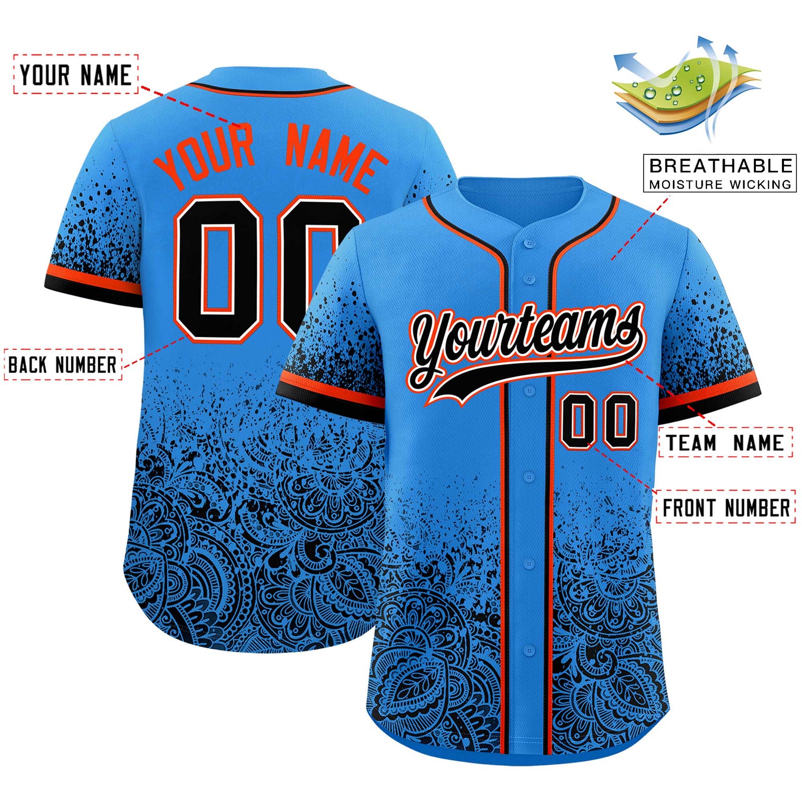 Custom Light Blue Black Floral Print Pattern Full Button Gradient Fashion Baseball Jersey