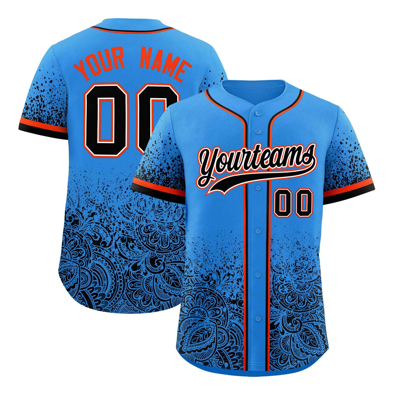 Custom Light Blue Black Floral Print Pattern Full Button Gradient Fashion Baseball Jersey