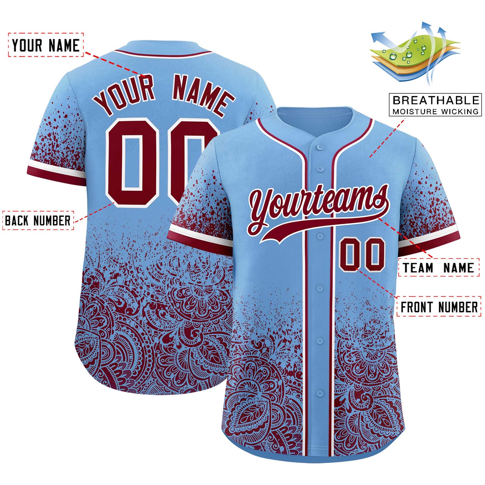 Custom Powder Blue Crimson Floral Print Pattern Full Button Gradient Fashion Baseball Jersey