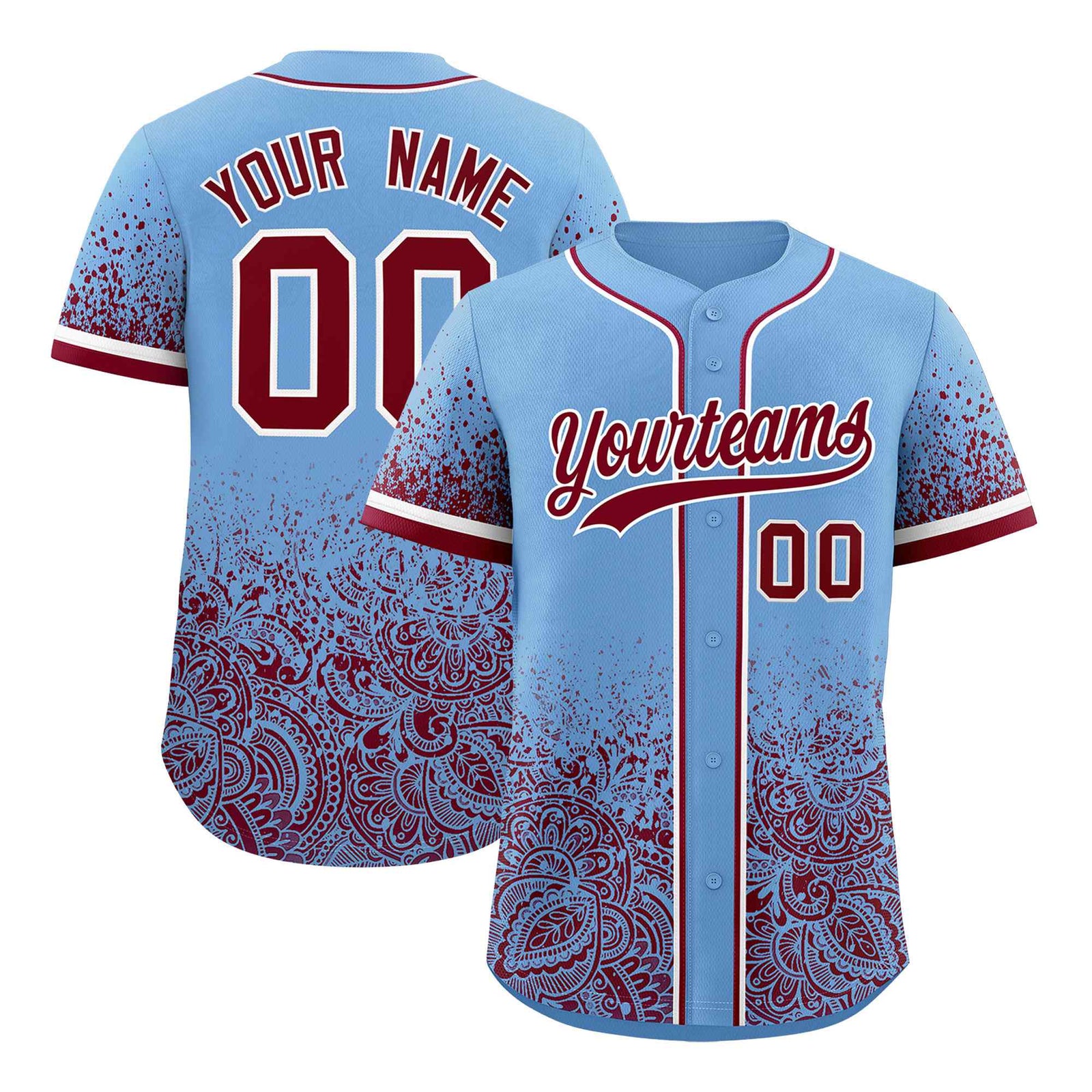 Custom Powder Blue Crimson Floral Print Pattern Full Button Gradient Fashion Baseball Jersey