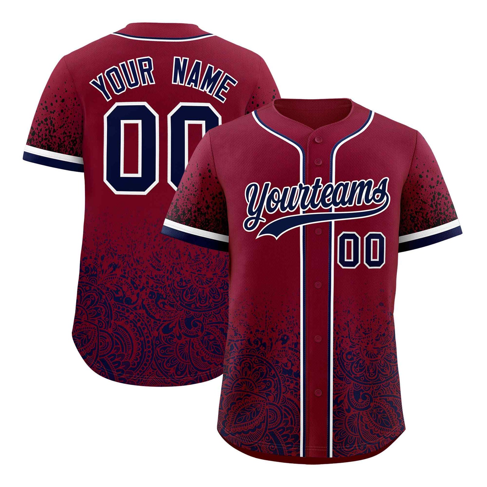 Custom Crimson Navy Floral Print Pattern Full Button Gradient Fashion Baseball Jersey