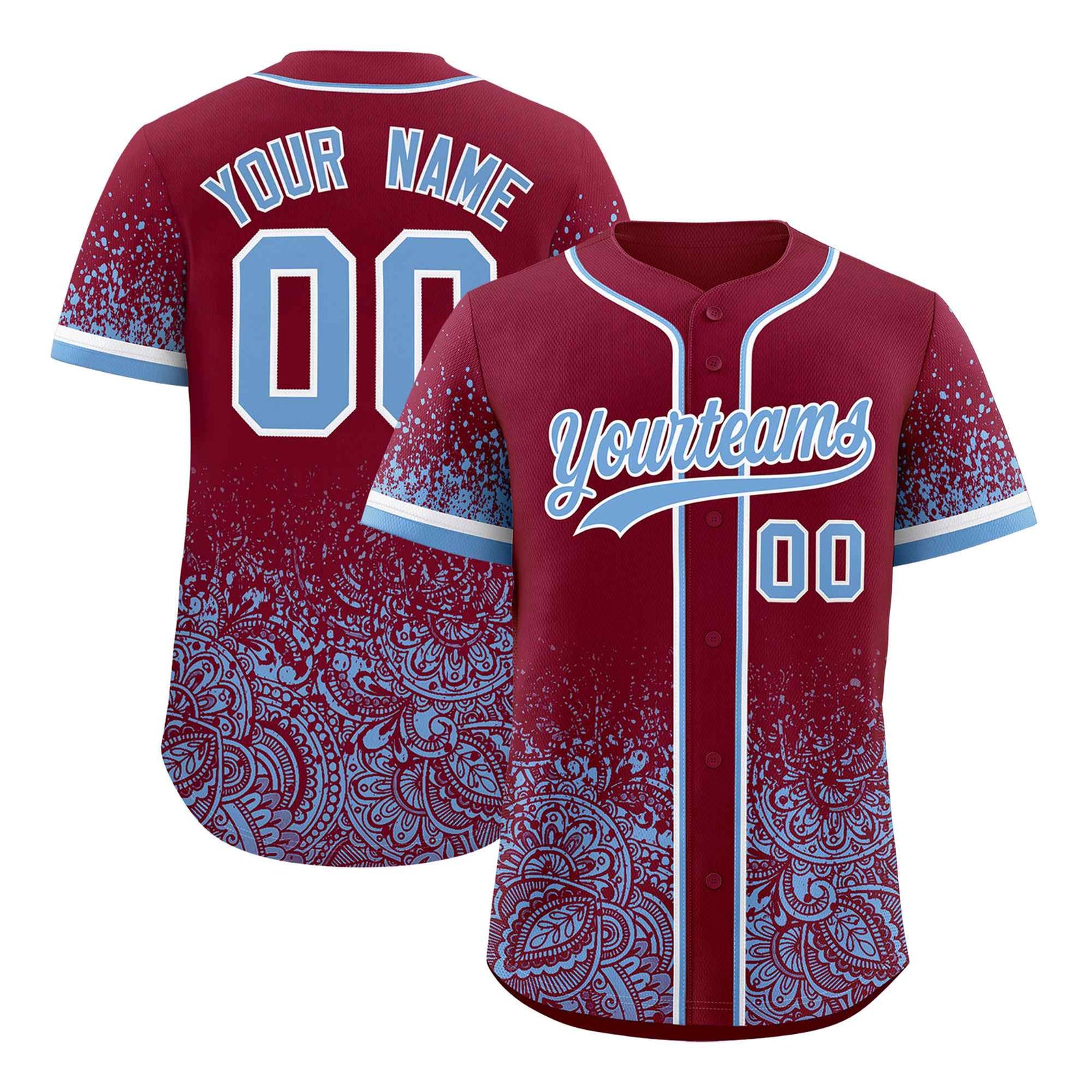 Custom Crimson Powder Blue Floral Print Pattern Full Button Gradient Fashion Baseball Jersey