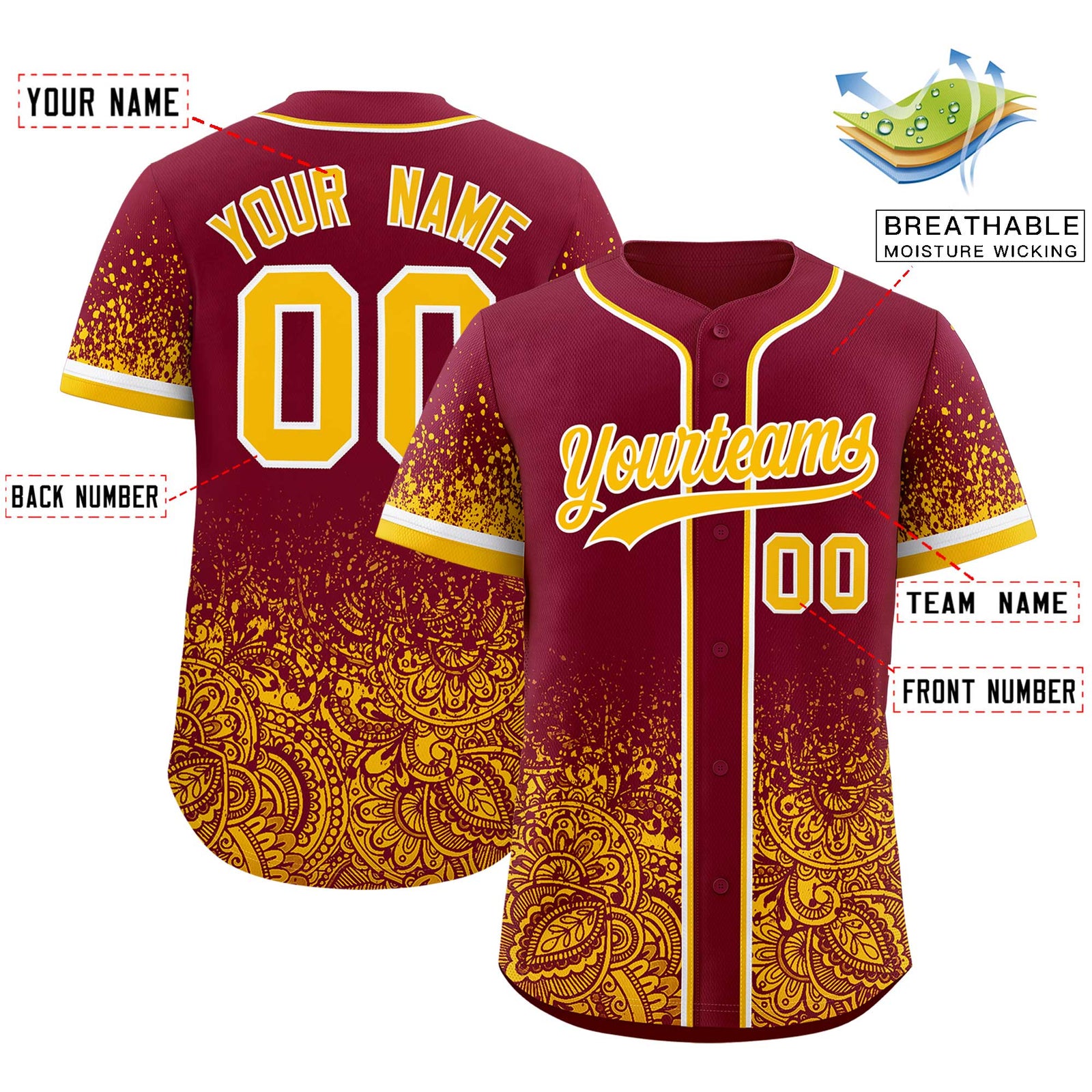 Custom Crimson Yellow Floral Print Pattern Full Button Gradient Fashion Baseball Jersey