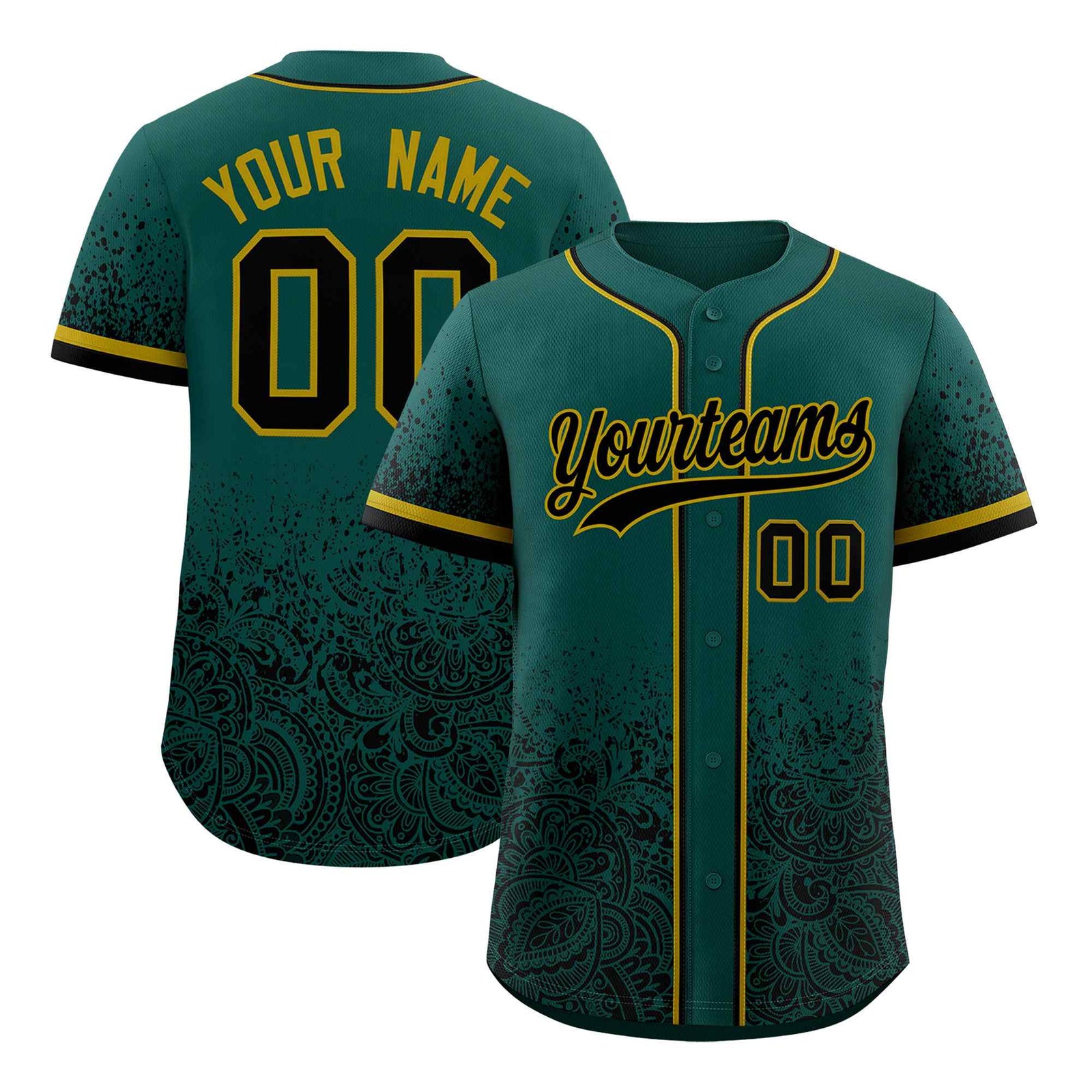 Custom Midnight Green Black Floral Print Pattern Full Button Gradient Fashion Baseball Jersey
