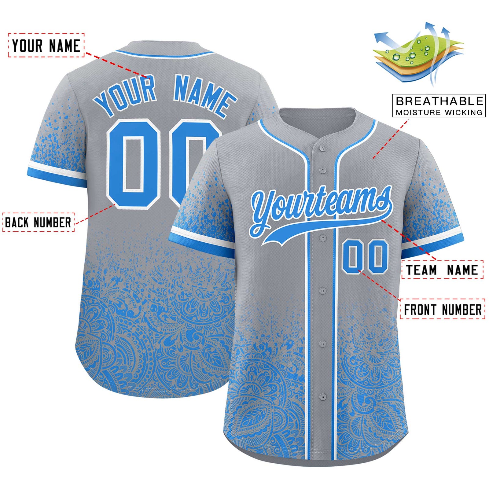 Custom Gray Light Blue Floral Print Pattern Full Button Gradient Fashion Baseball Jersey