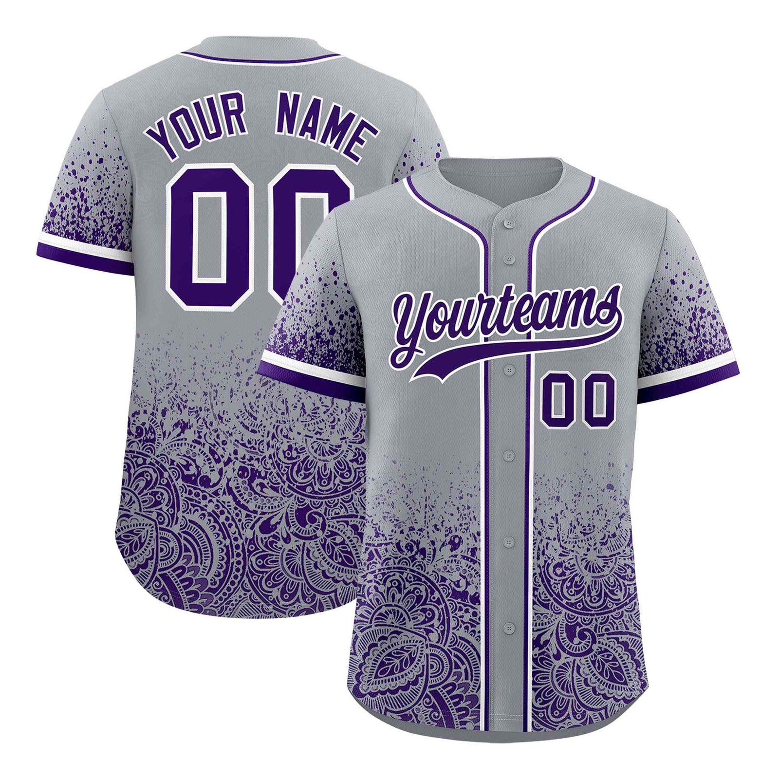 Custom Gray Purple Floral Print Pattern Full Button Gradient Fashion Baseball Jersey