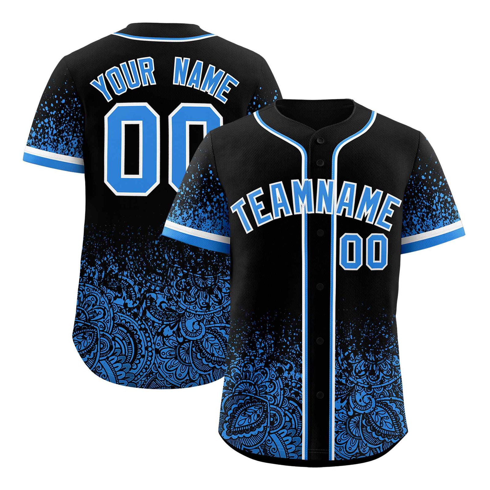 Custom Black Light Blue Floral Print Pattern Full Button Gradient Fashion Baseball Jersey
