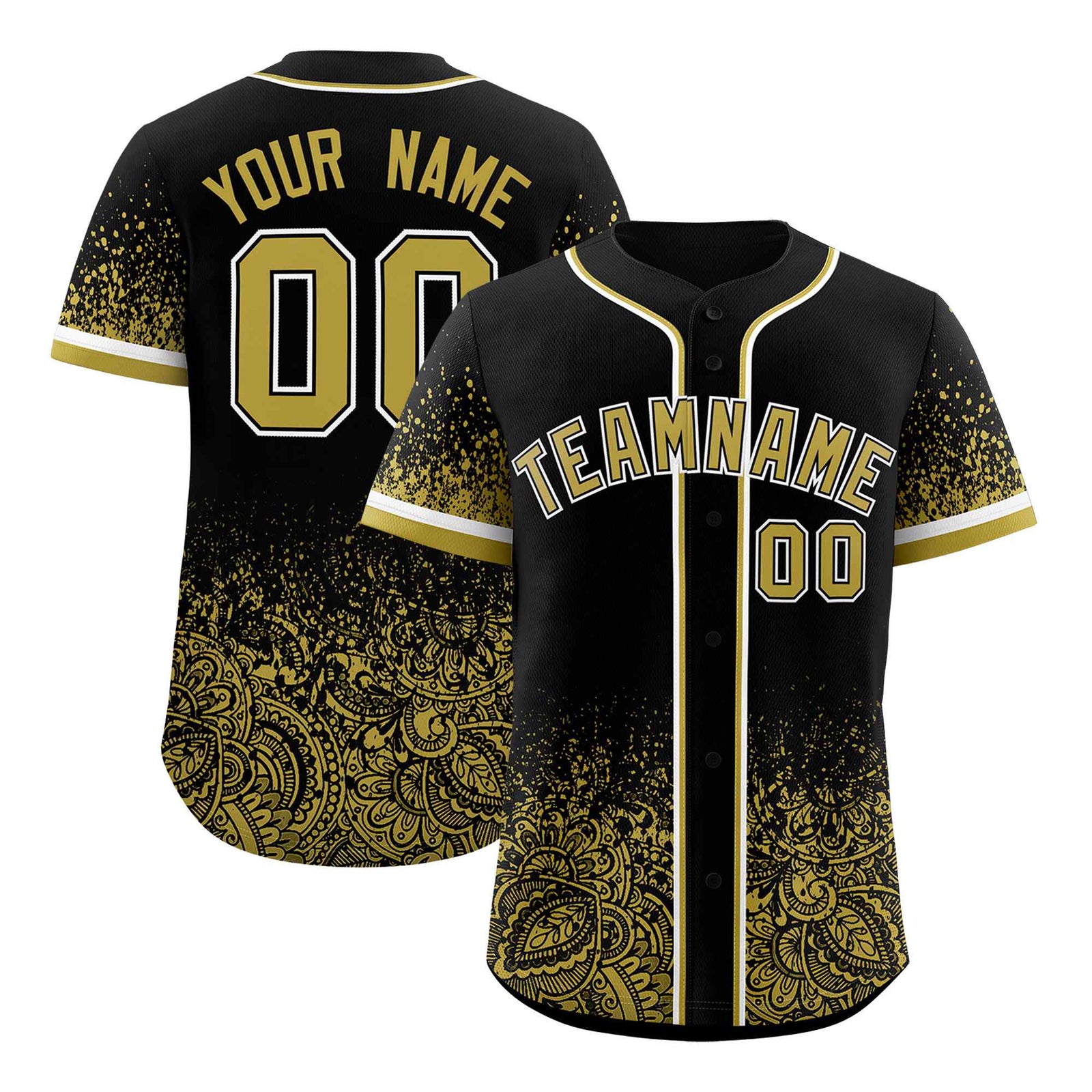 Custom Black Old Gold Floral Print Pattern Full Button Gradient Fashion Baseball Jersey