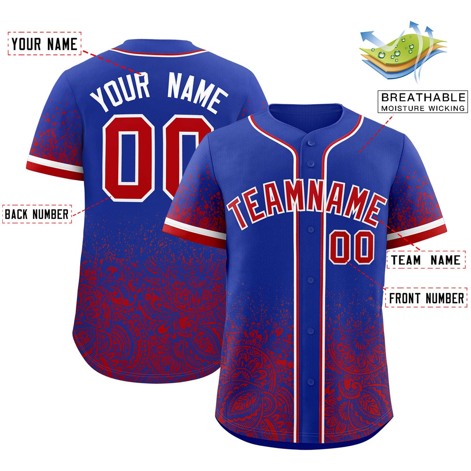 Custom Royal Red Floral Print Pattern Full Button Gradient Fashion Baseball Jersey