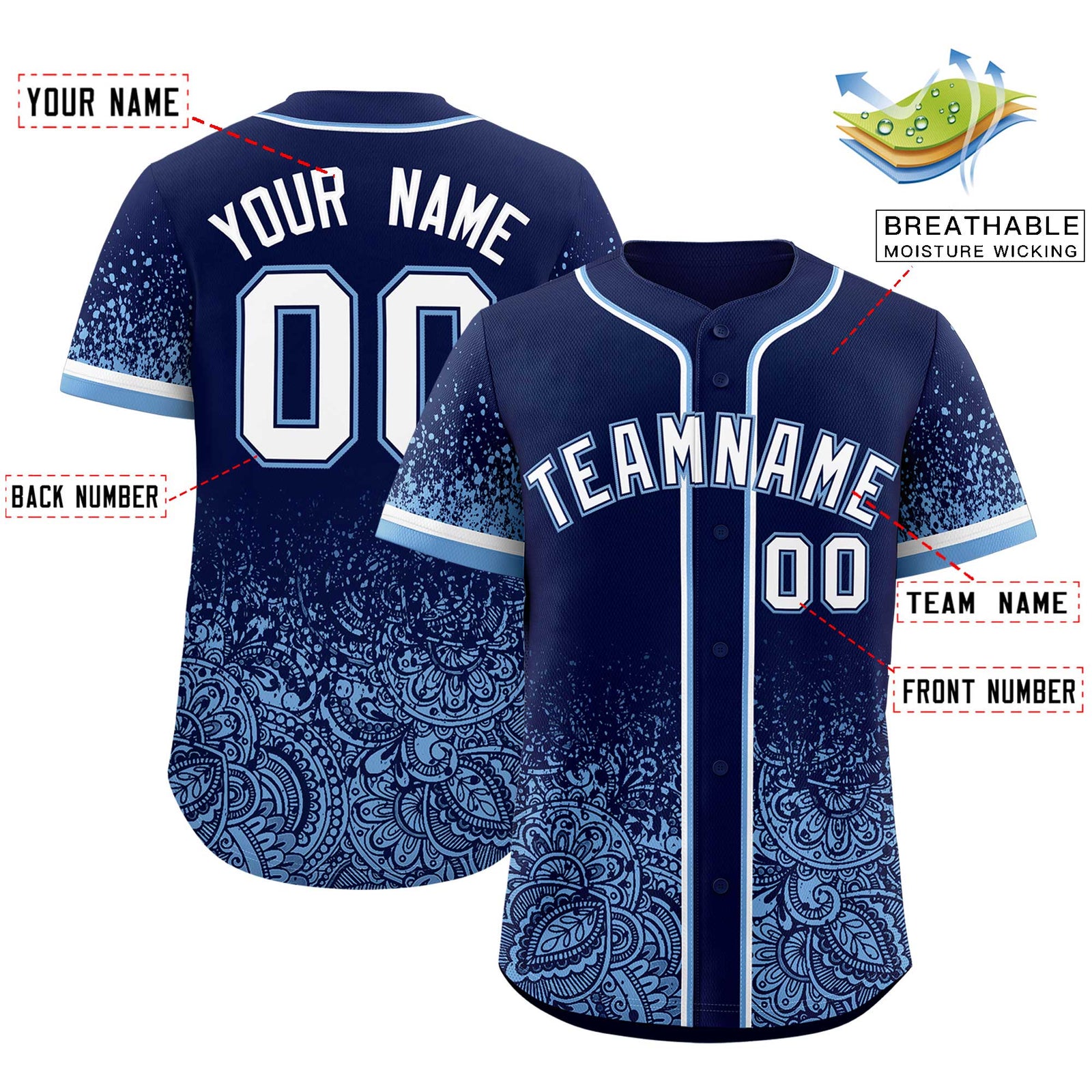 Custom Navy Powder Blue Floral Print Pattern Full Button Gradient Fashion Baseball Jersey