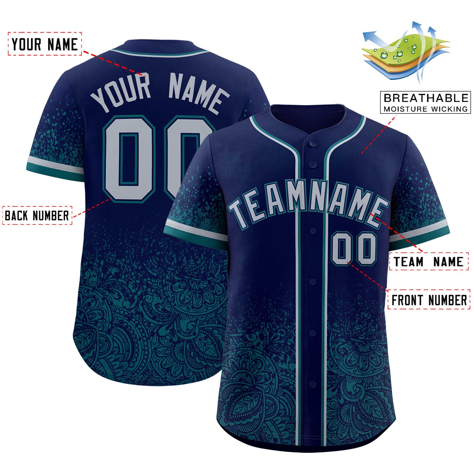 Custom Navy Teal Floral Print Pattern Full Button Gradient Fashion Baseball Jersey