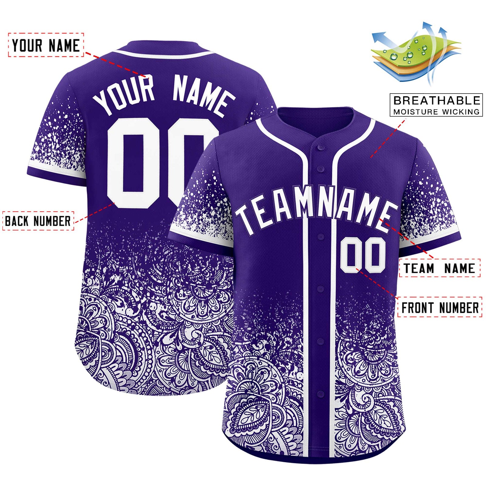 Custom Purple White Floral Print Pattern Full Button Gradient Fashion Baseball Jersey