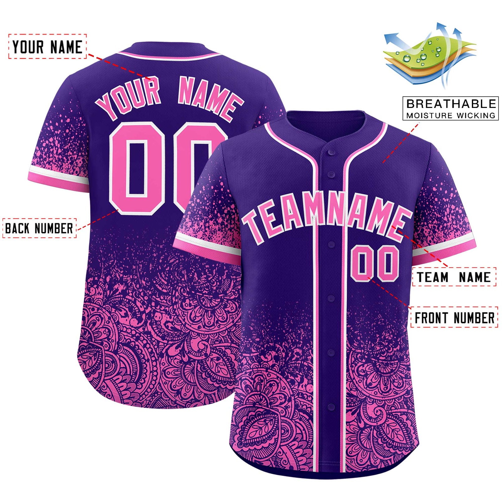Custom Purple Pink Floral Print Pattern Full Button Gradient Fashion Baseball Jersey