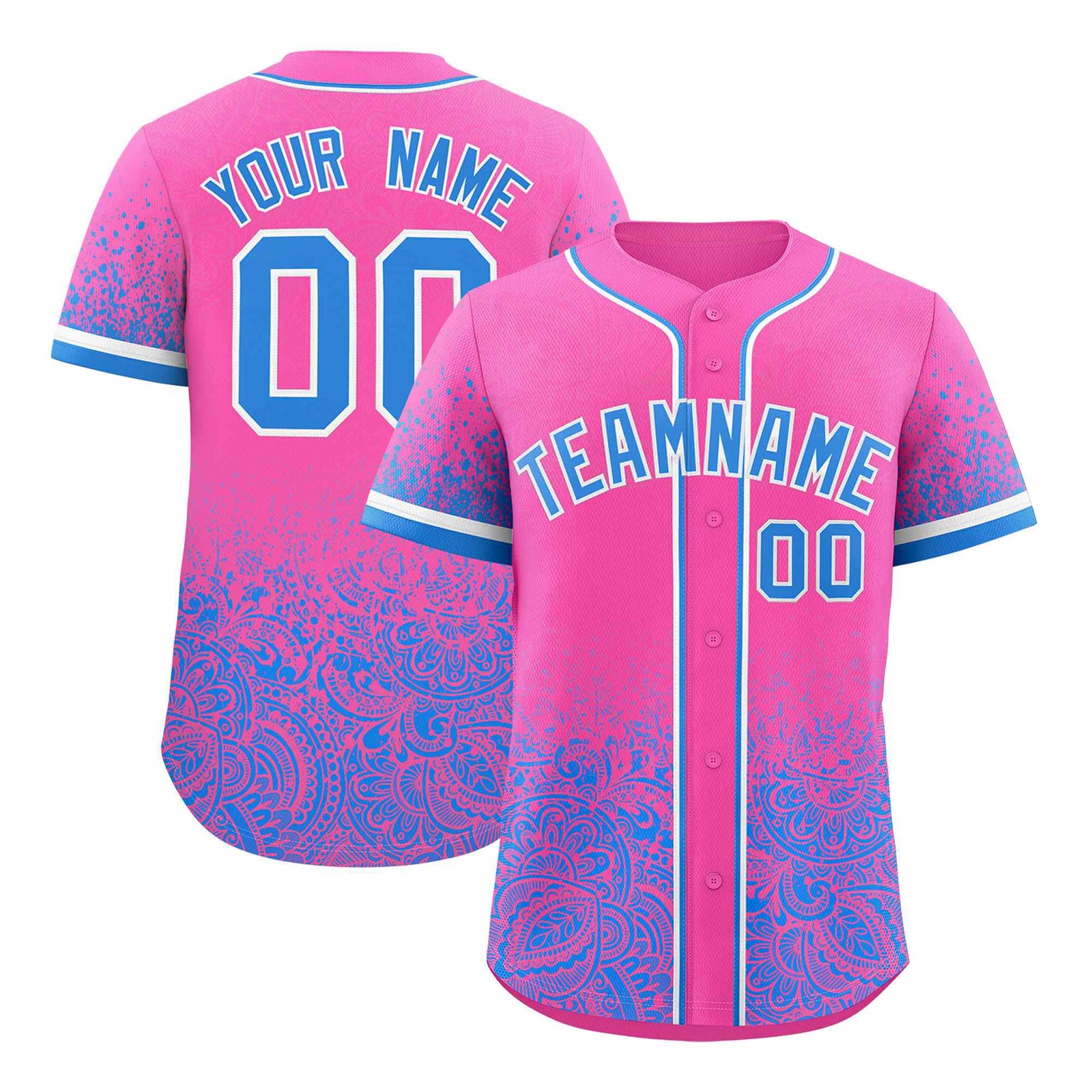 Custom Pink Light Blue Floral Print Pattern Full Button Gradient Fashion Baseball Jersey
