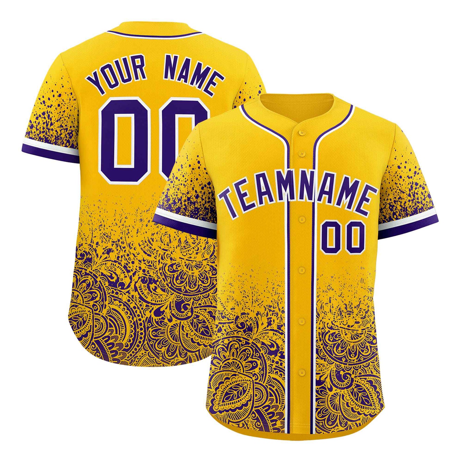 Custom Yellow Purple Floral Print Pattern Full Button Gradient Fashion Baseball Jersey