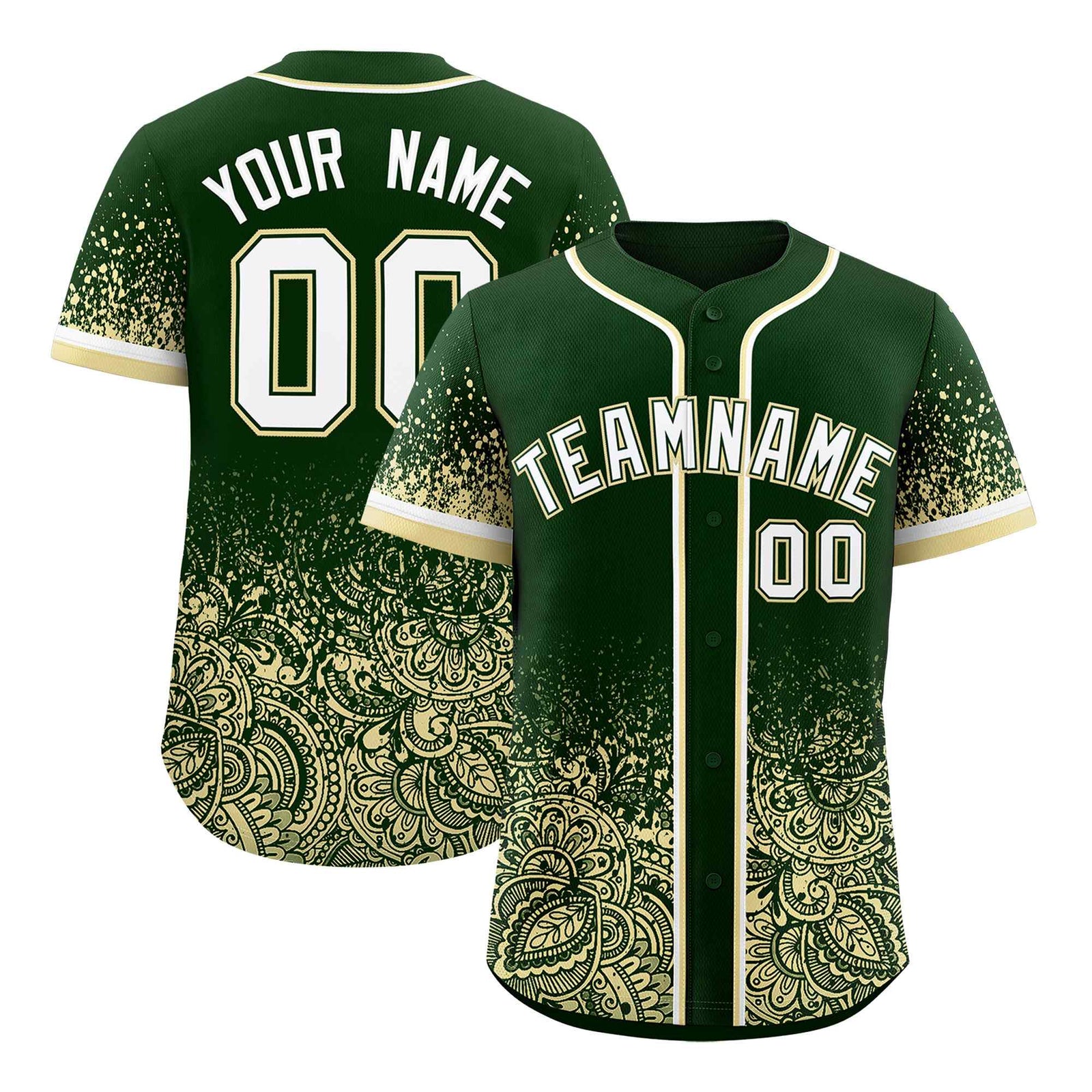 Custom Green Cream Floral Print Pattern Full Button Gradient Fashion Baseball Jersey