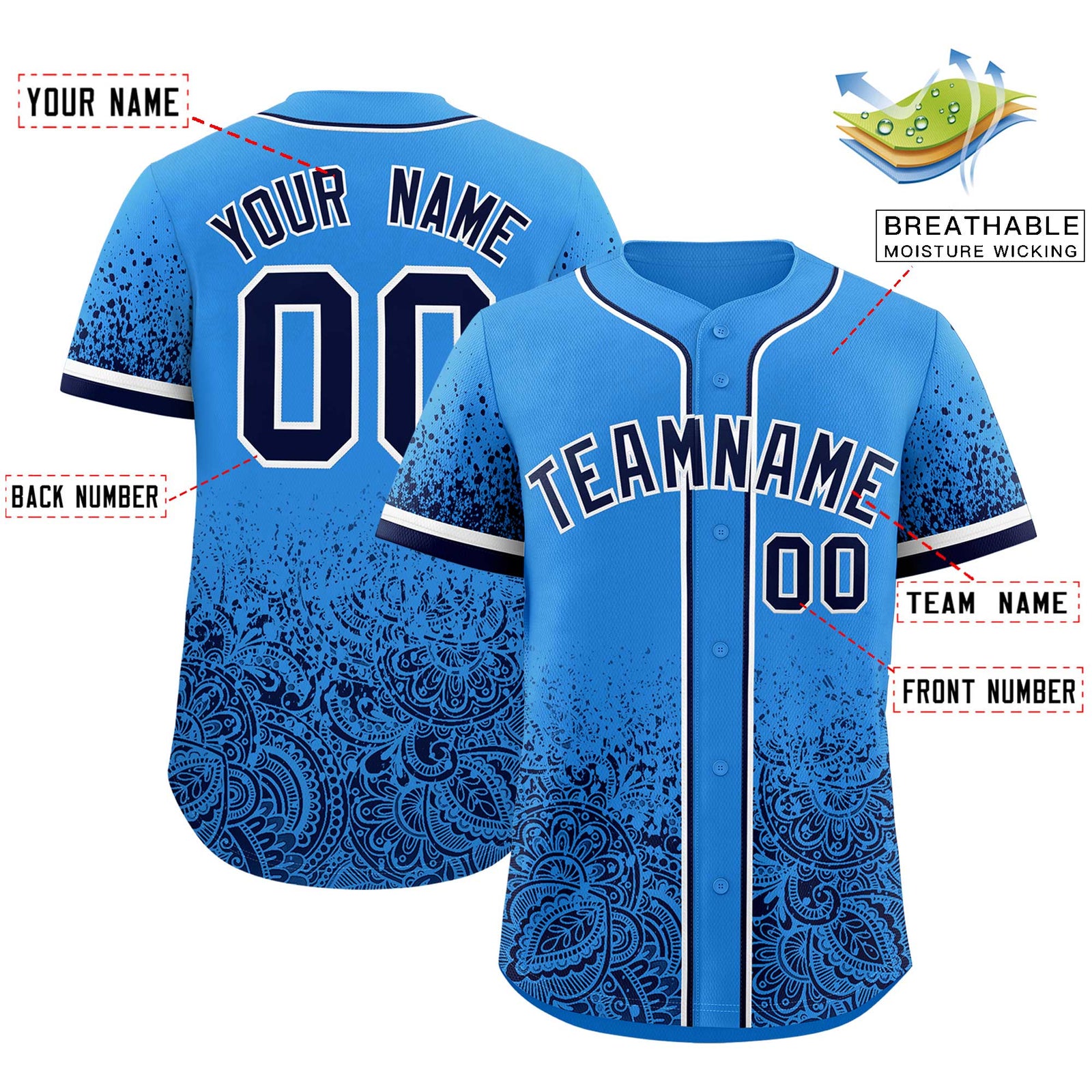 Custom Light Blue Navy Floral Print Pattern Full Button Gradient Fashion Baseball Jersey