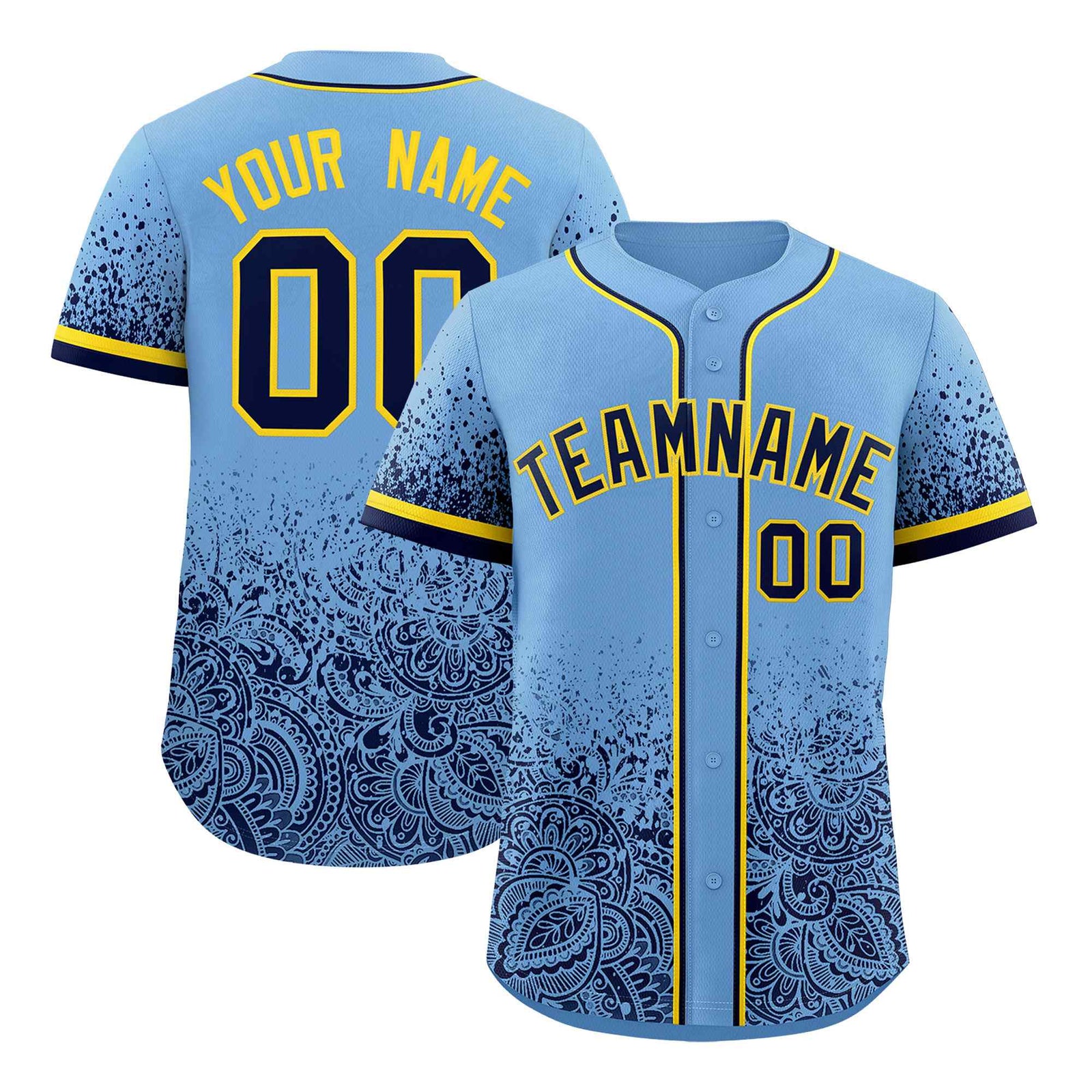 Custom Powder Blue Navy Floral Print Pattern Full Button Gradient Fashion Baseball Jersey
