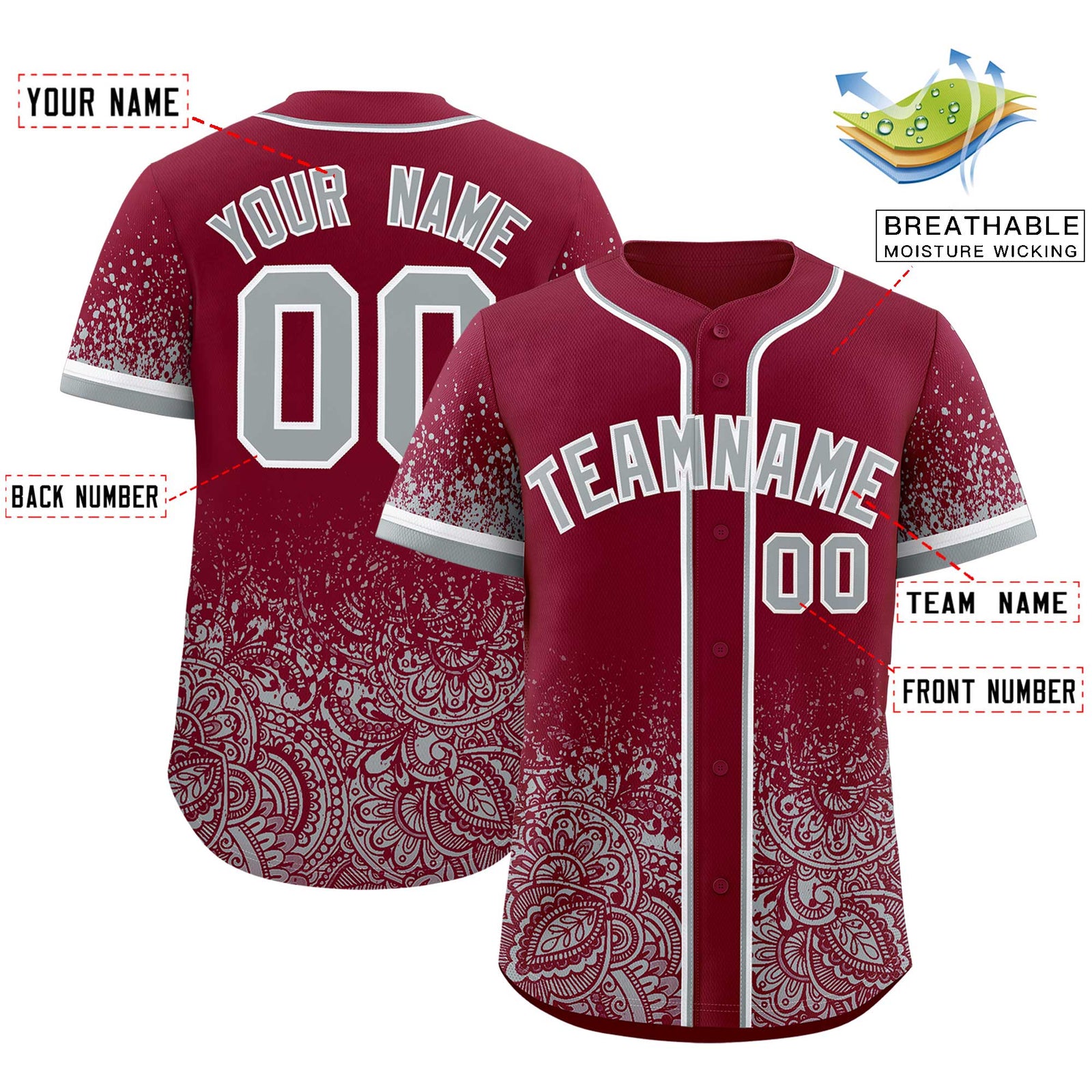 Custom Crimson Gray Floral Print Pattern Full Button Gradient Fashion Baseball Jersey