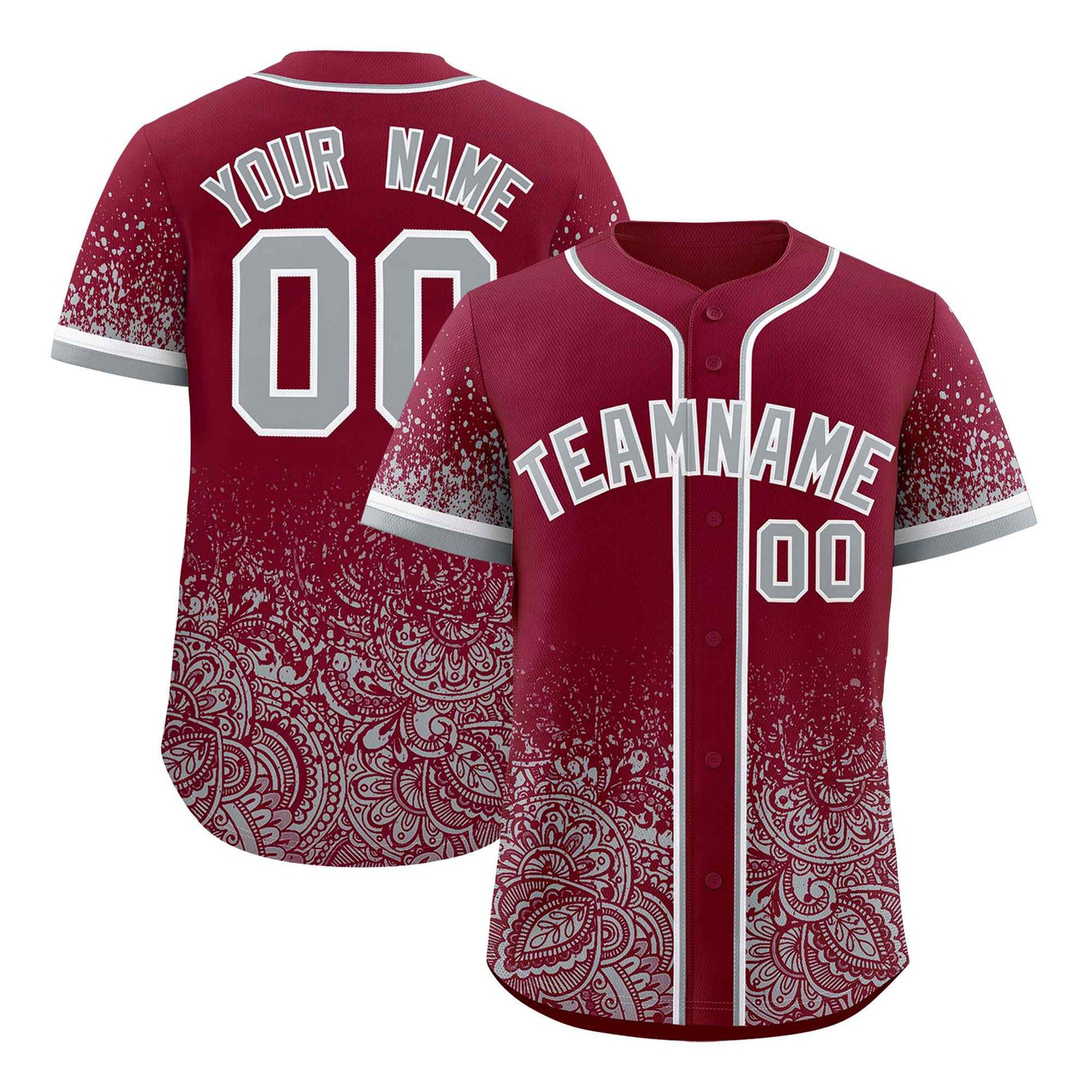 Custom Crimson Gray Floral Print Pattern Full Button Gradient Fashion Baseball Jersey