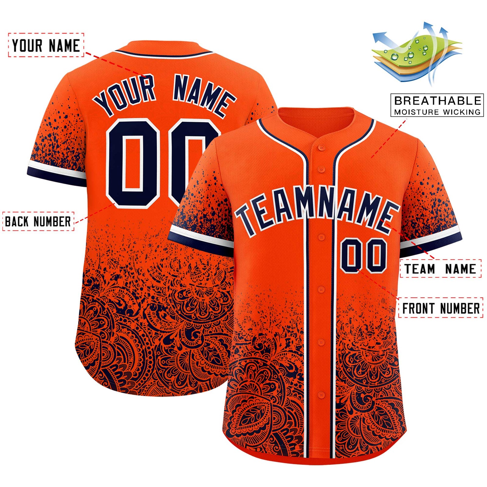 Custom Orange Navy Floral Print Pattern Full Button Gradient Fashion Baseball Jersey