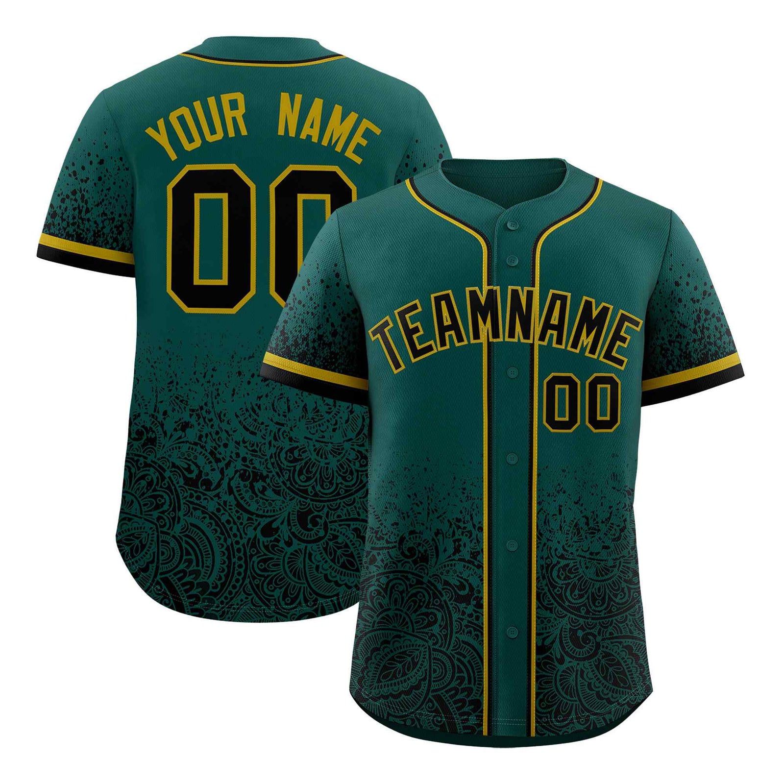 Custom Midnight Green Black Floral Print Pattern Full Button Gradient Fashion Baseball Jersey