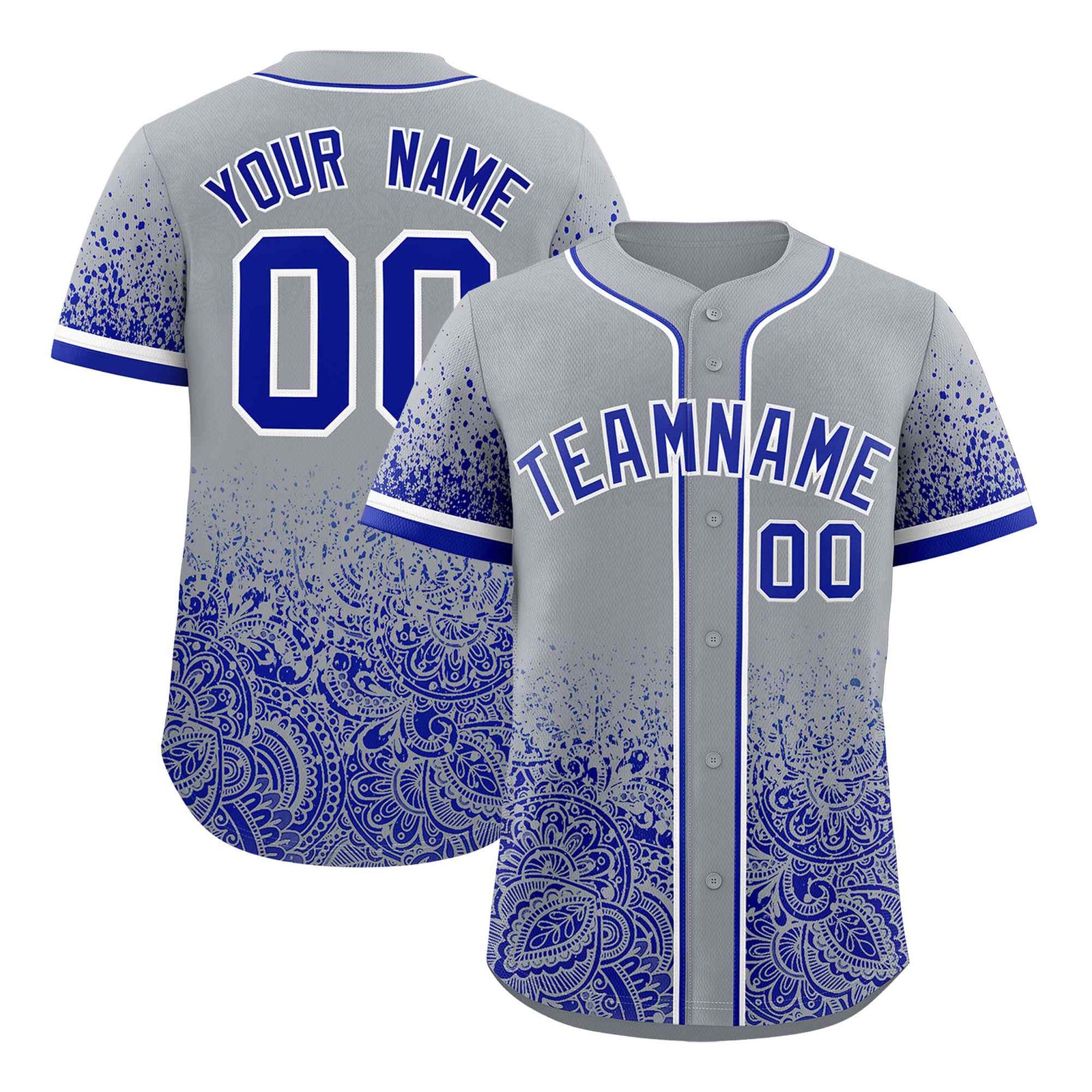 Custom Gray Royal Floral Print Pattern Full Button Gradient Fashion Baseball Jersey