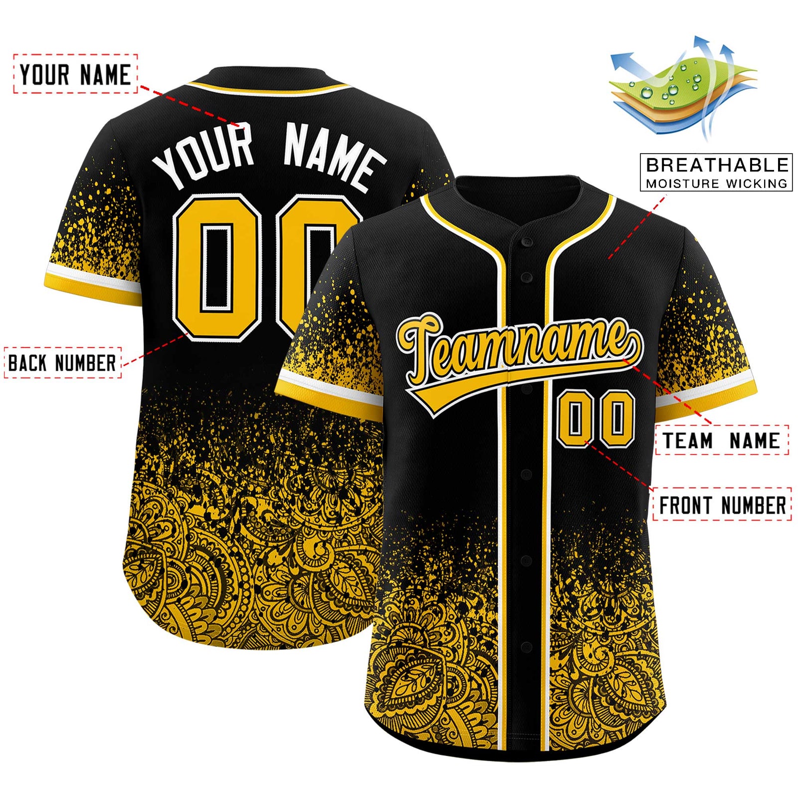 Custom Black Yellow Floral Print Pattern Full Button Gradient Fashion Baseball Jersey