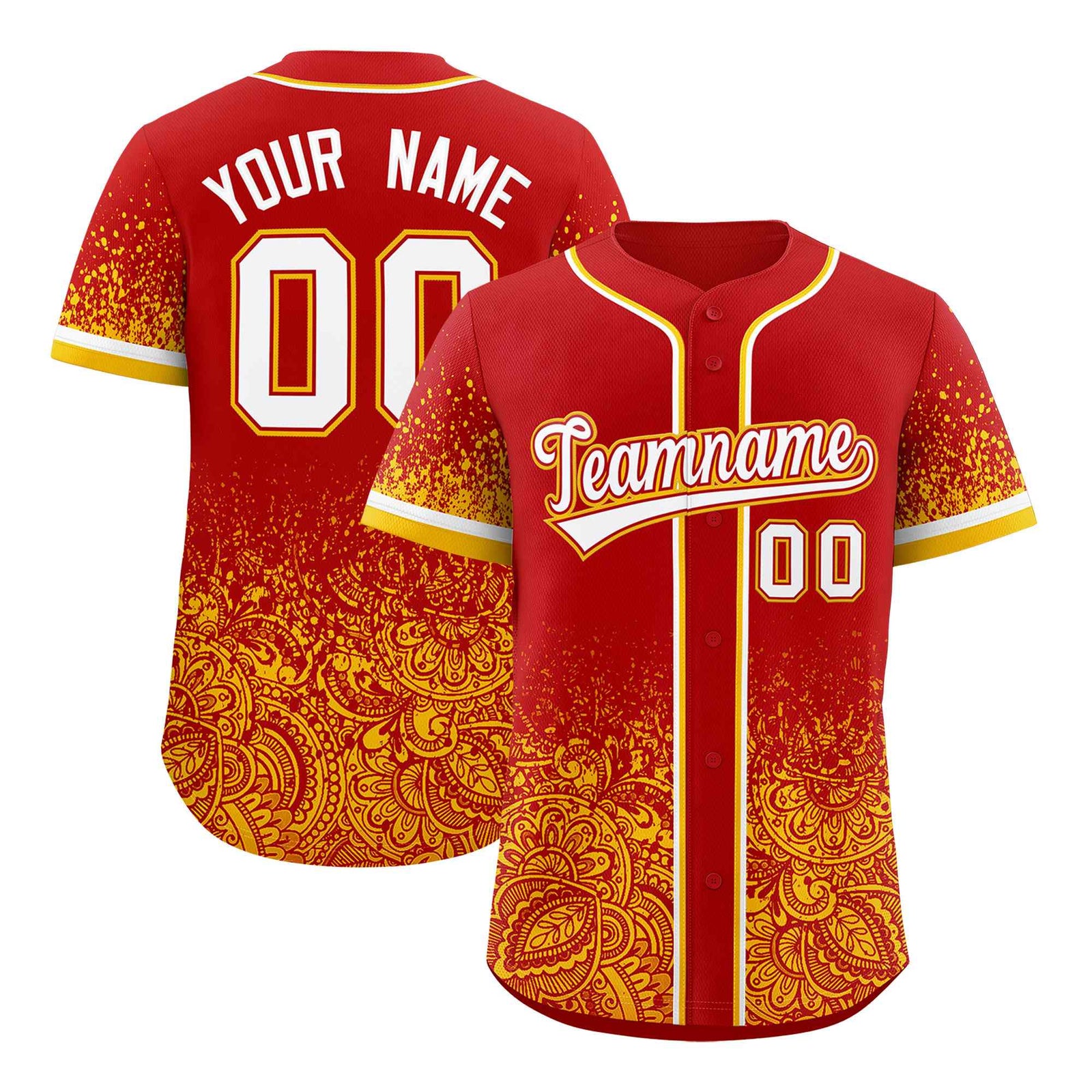 Custom Red Yellow Floral Print Pattern Full Button Gradient Fashion Baseball Jersey