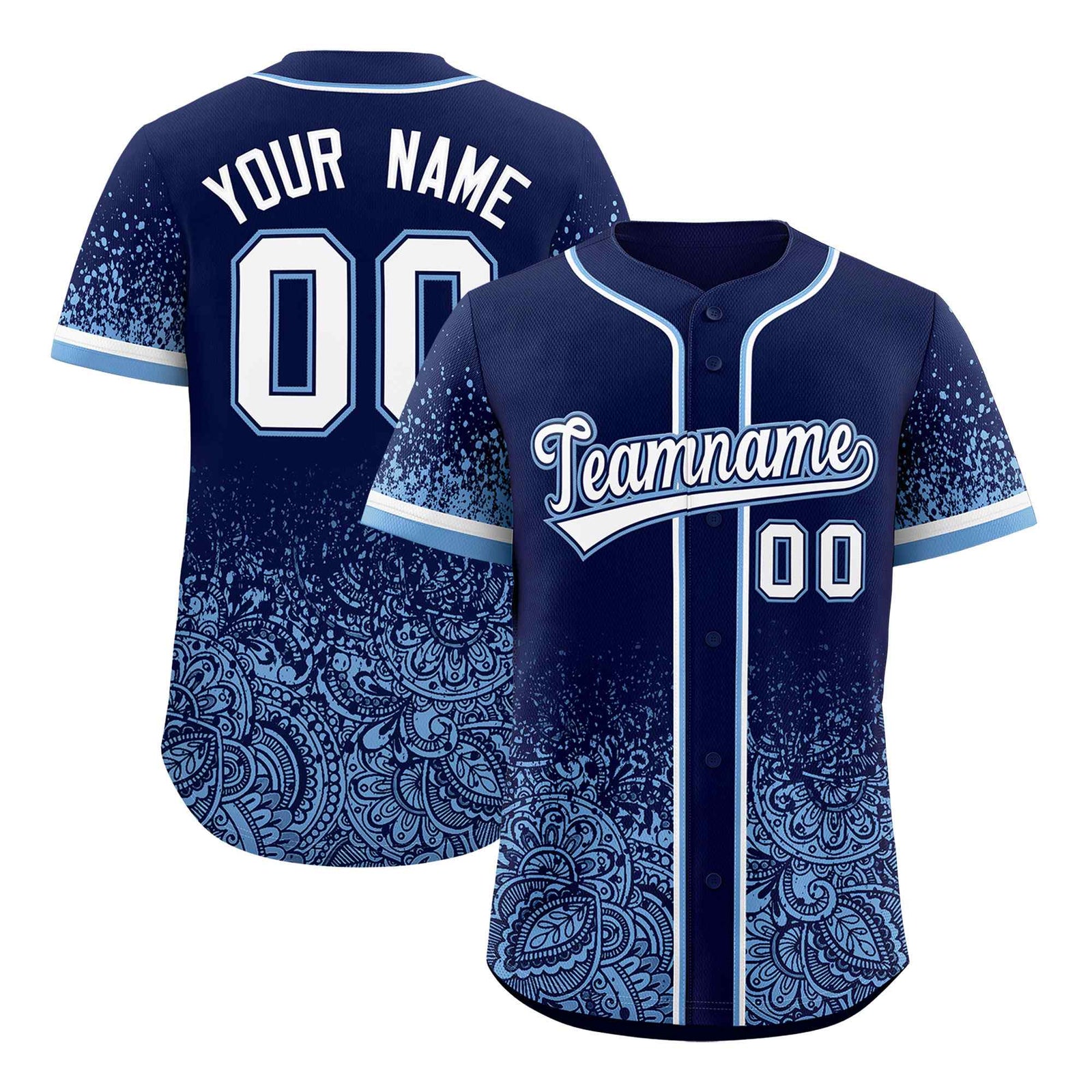 Custom Navy Powder Blue Floral Print Pattern Full Button Gradient Fashion Baseball Jersey