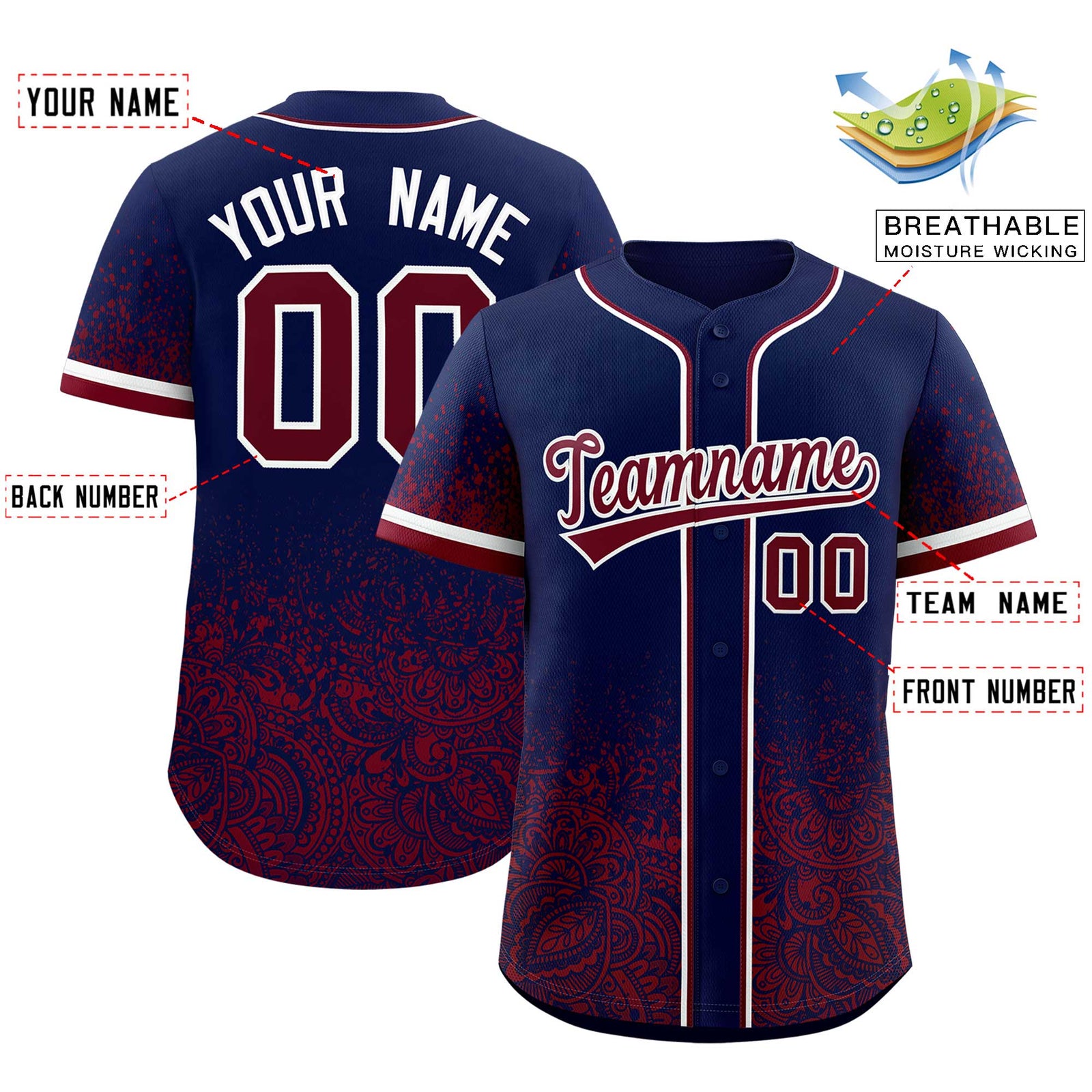 Custom Navy Crimson Floral Print Pattern Full Button Gradient Fashion Baseball Jersey