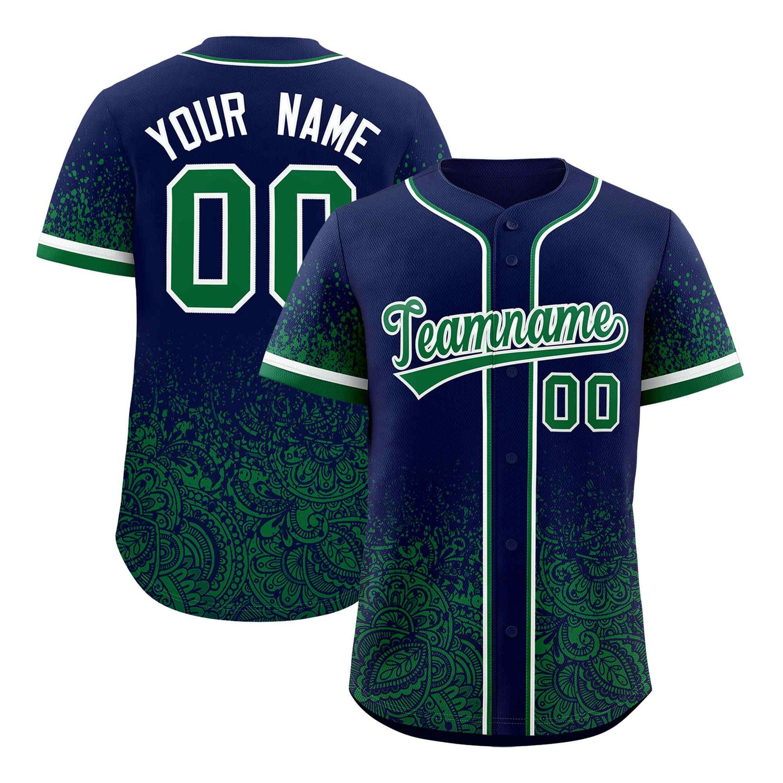Custom Navy Kelly Green Floral Print Pattern Full Button Gradient Fashion Baseball Jersey