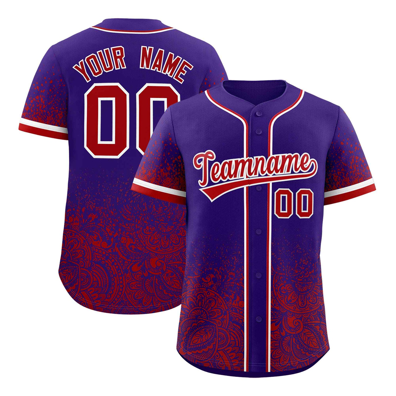Custom Purple Red Floral Print Pattern Full Button Gradient Fashion Baseball Jersey