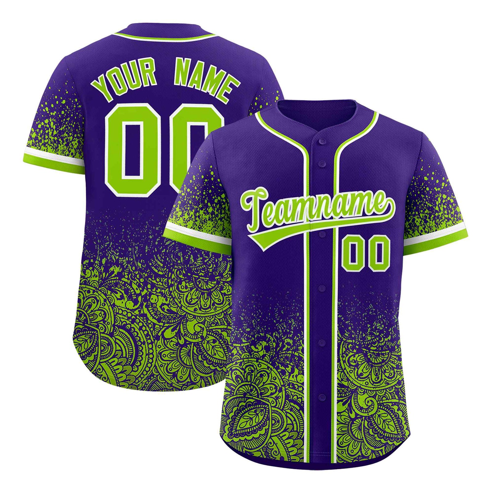 Custom Purple Neon Green Floral Print Pattern Full Button Gradient Fashion Baseball Jersey