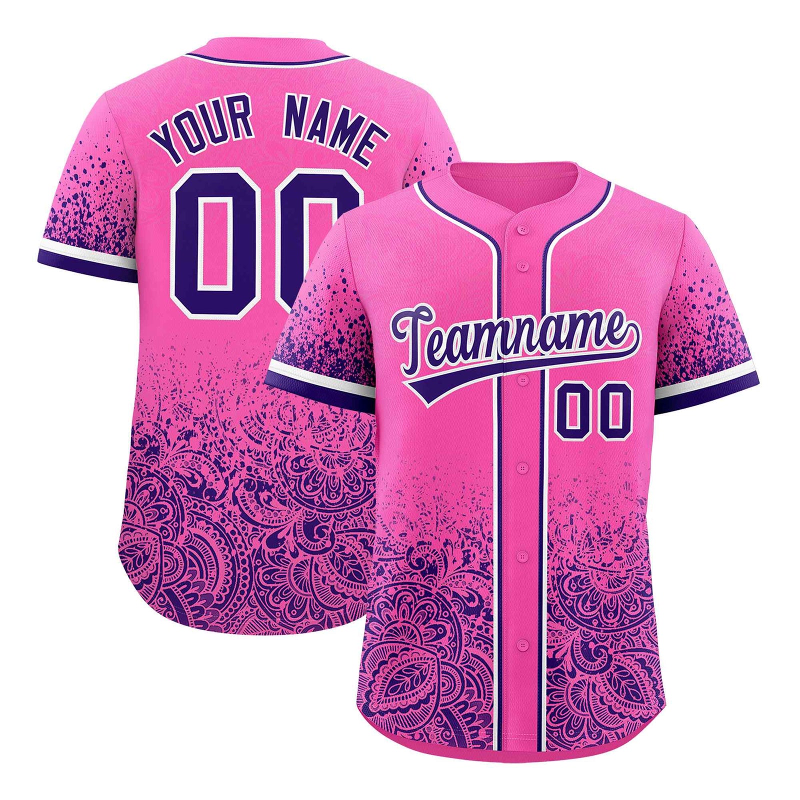 Custom Pink Purple Floral Print Pattern Full Button Gradient Fashion Baseball Jersey