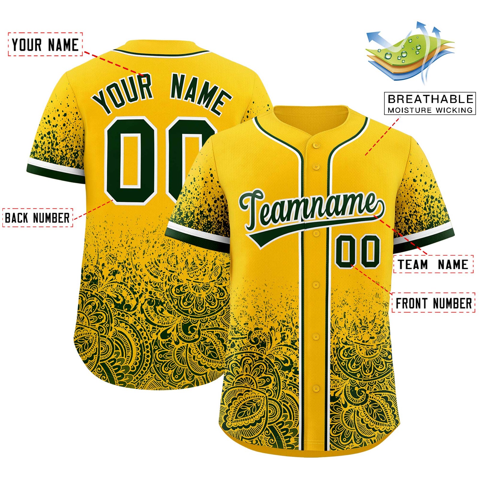 Custom Yellow Green Floral Print Pattern Full Button Gradient Fashion Baseball Jersey