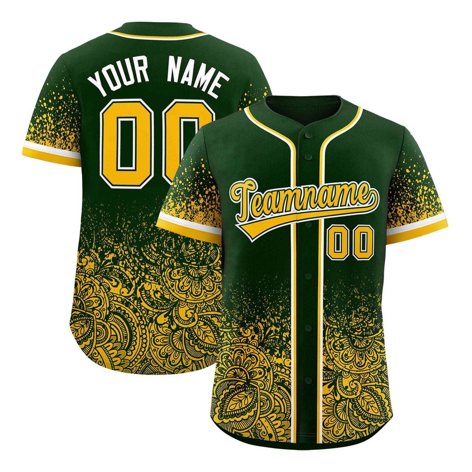 Custom Green Yellow Floral Print Pattern Full Button Gradient Fashion Baseball Jersey