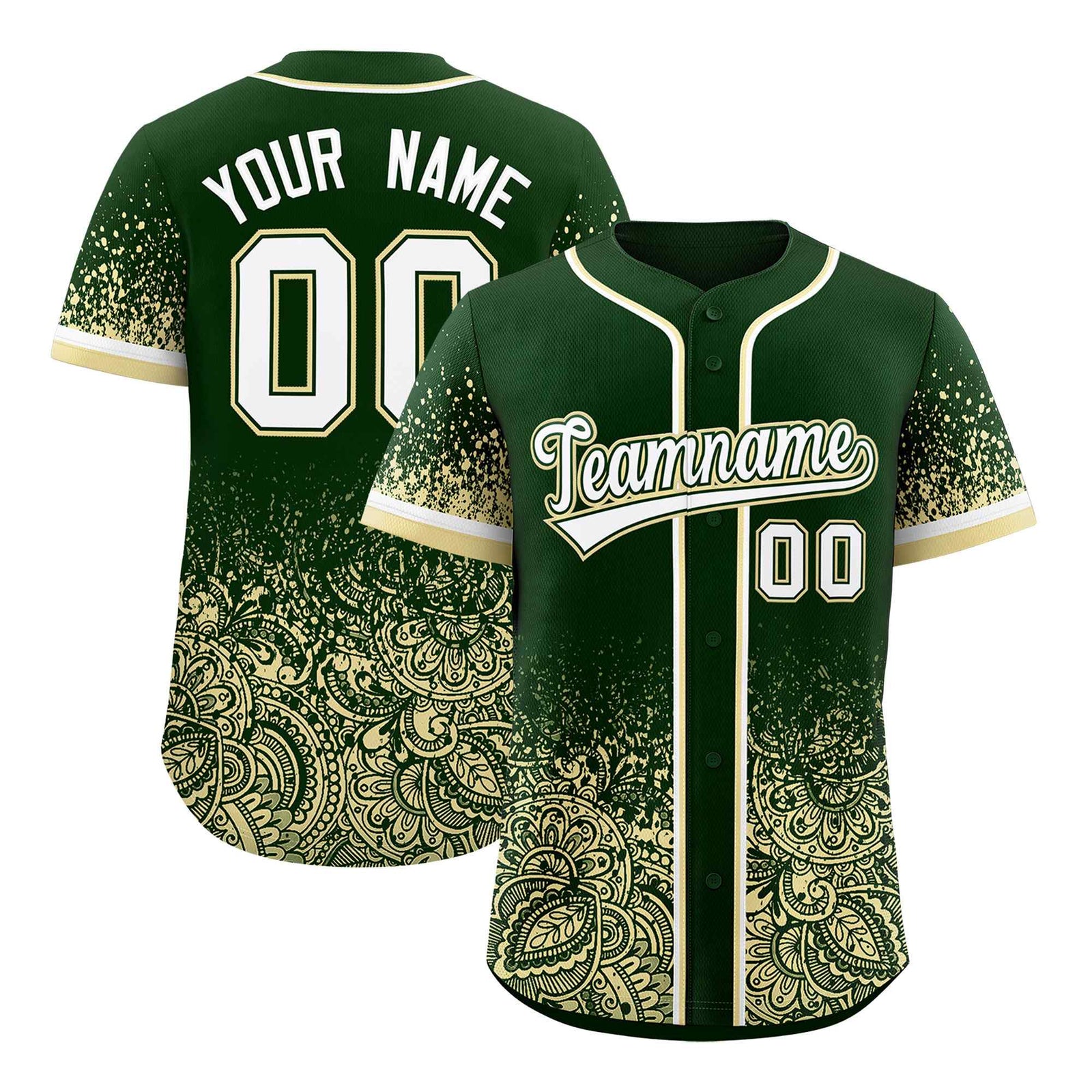 Custom Green Cream Floral Print Pattern Full Button Gradient Fashion Baseball Jersey