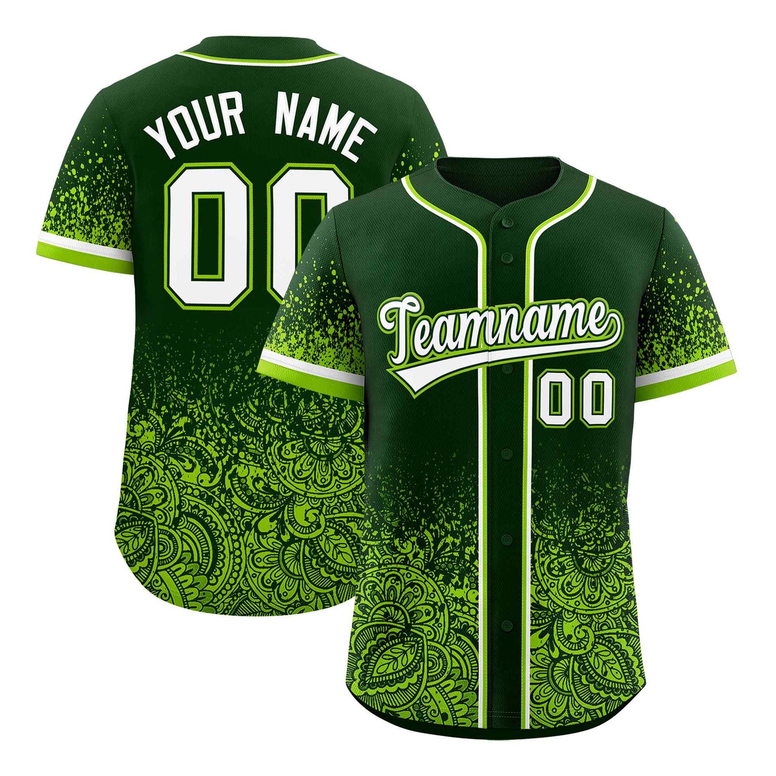 Custom Green Neon Green Floral Print Pattern Full Button Gradient Fashion Baseball Jersey