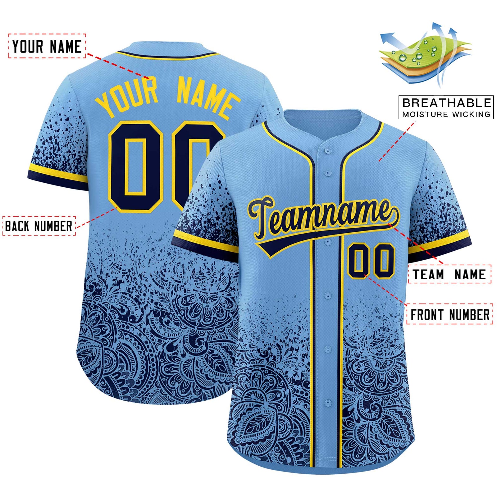 Custom Powder Blue Navy Floral Print Pattern Full Button Gradient Fashion Baseball Jersey