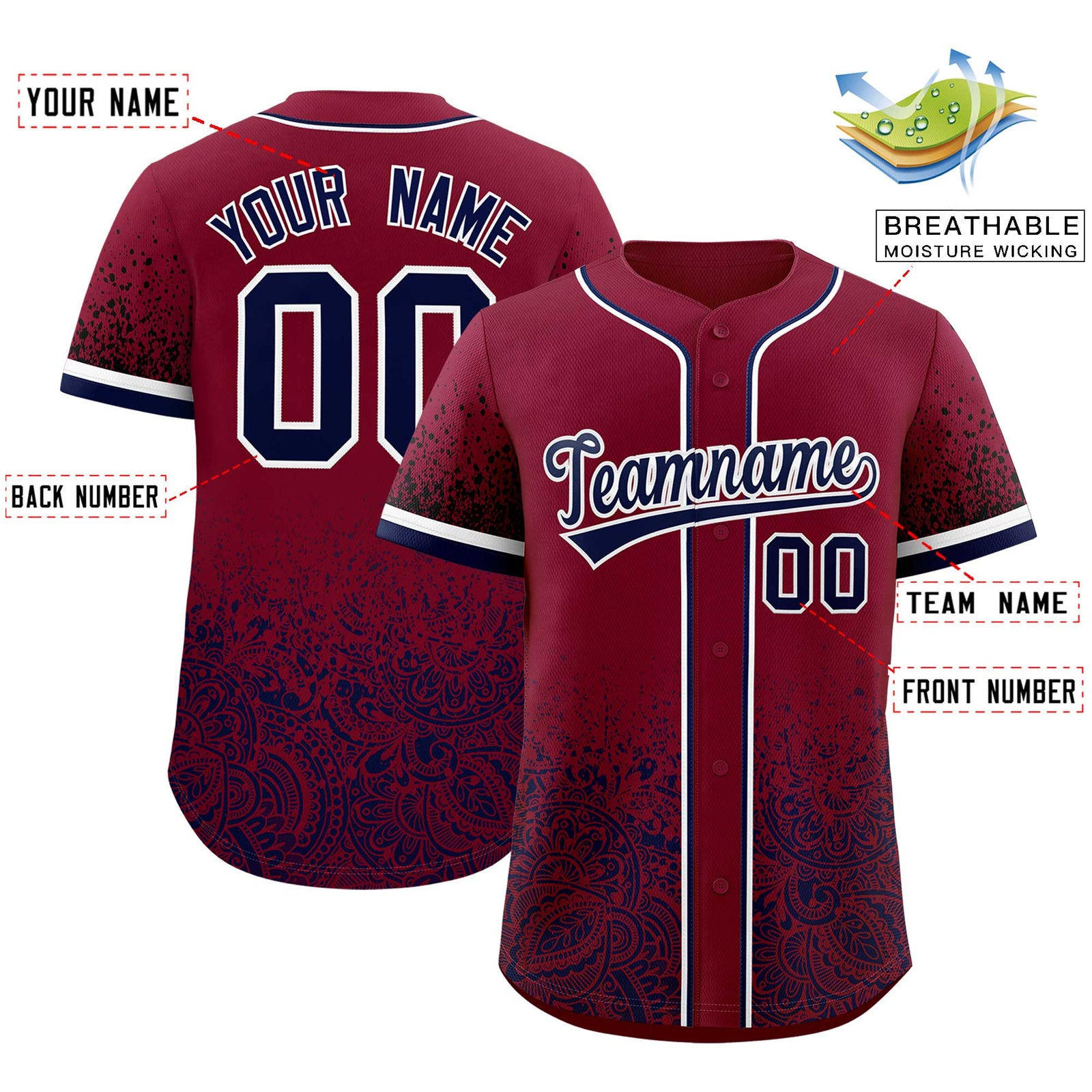 Custom Crimson Navy Floral Print Pattern Full Button Gradient Fashion Baseball Jersey