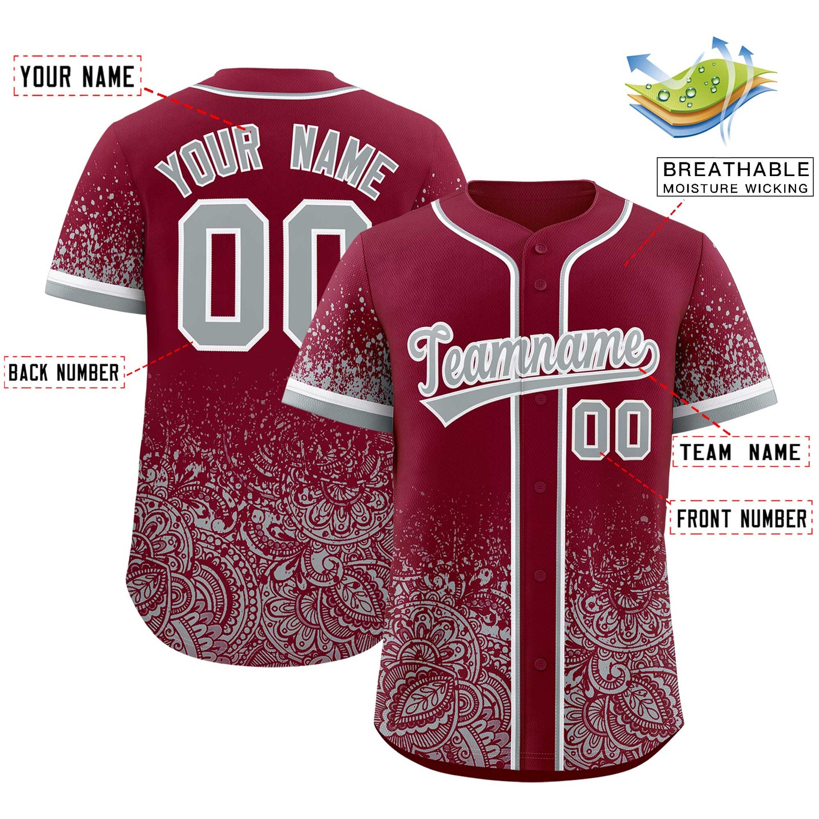 Custom Crimson Gray Floral Print Pattern Full Button Gradient Fashion Baseball Jersey