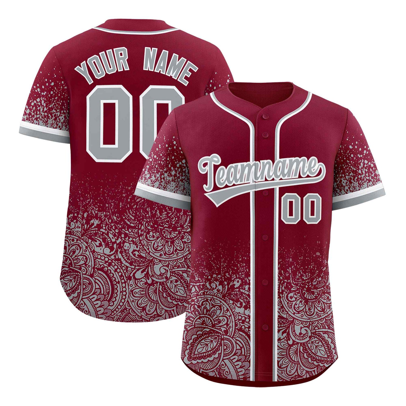 Custom Crimson Gray Floral Print Pattern Full Button Gradient Fashion Baseball Jersey